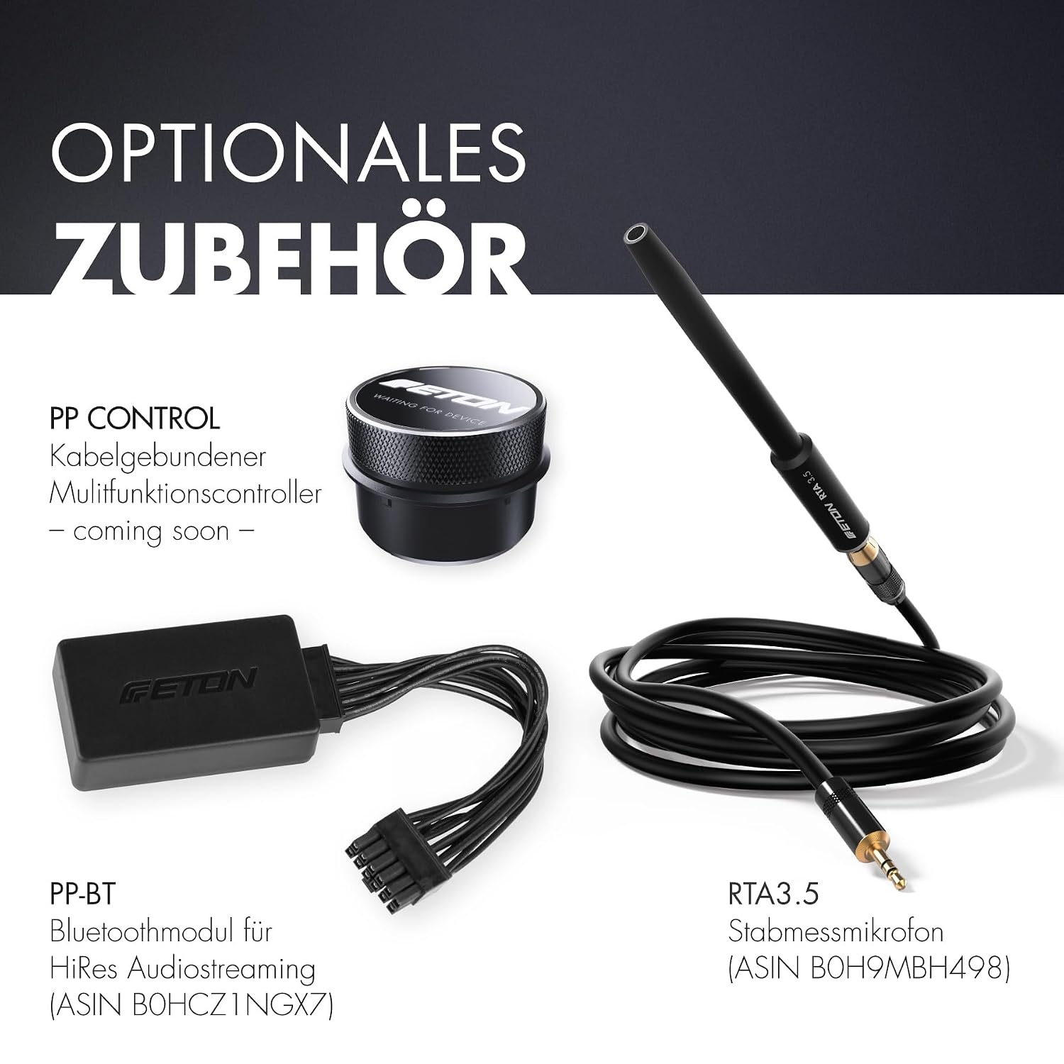 Optionale ETON-Zubehörteile: PP Control, PP-BT Bluetooth-Modul und RTA3.5 Stabmessmikrofon.