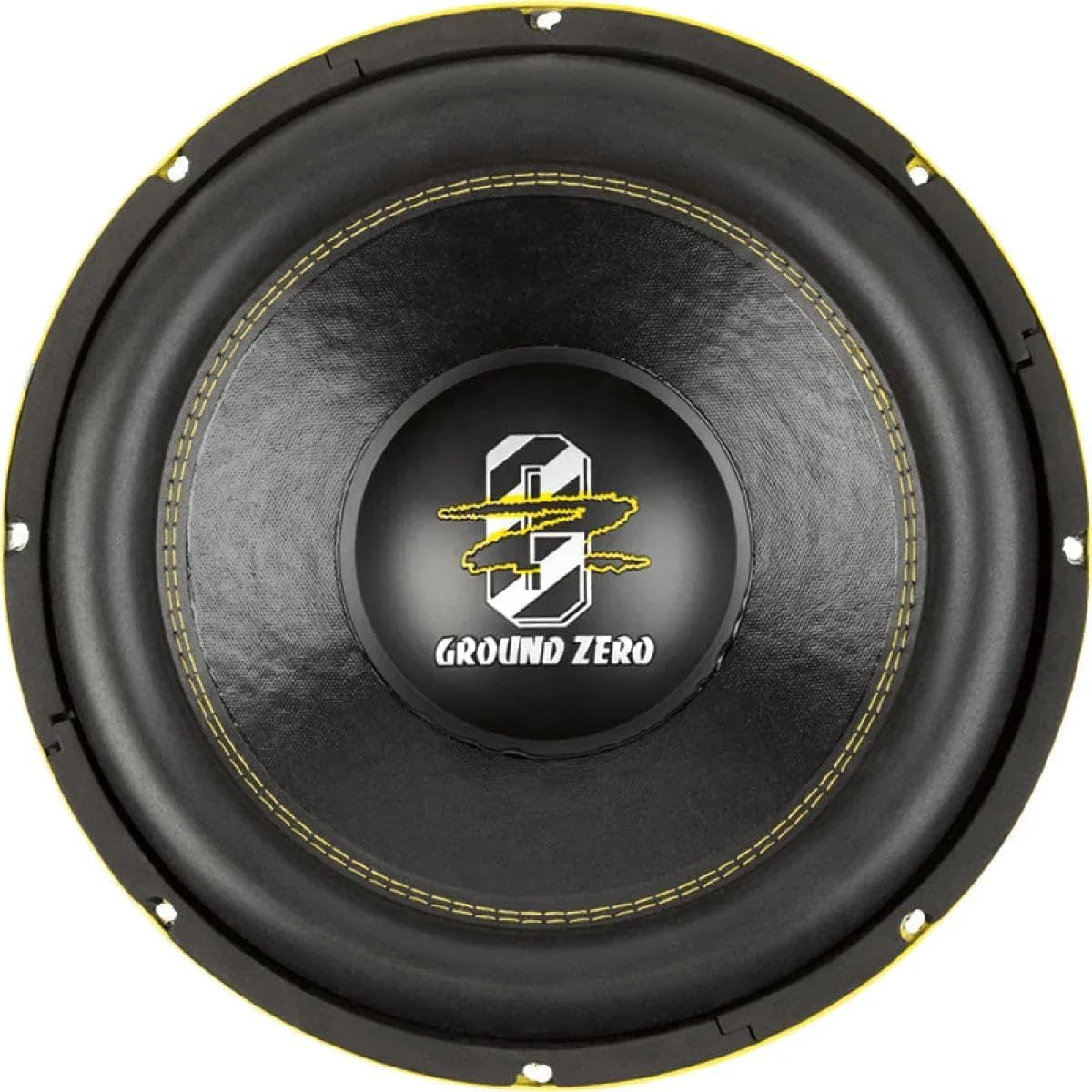 Ein runder Ground Zero-Subwoofer mit schwarzer Membran, gelben Nähten und einem markanten Logo im Zentrum.