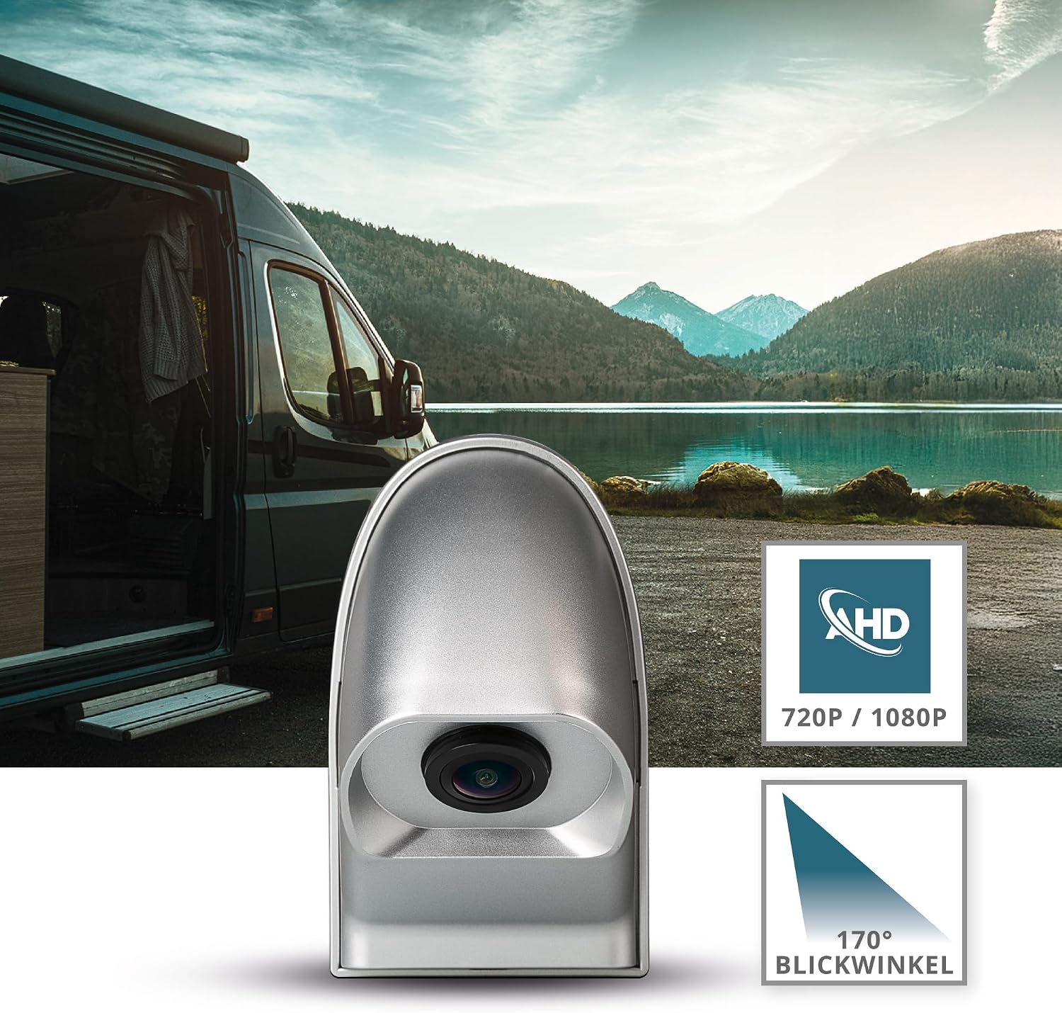 Silberne Backup-Kamera vor einer Wohnmobil-, See- und Bergkulisse mit HD- und 170-Grad-Symbolen.
