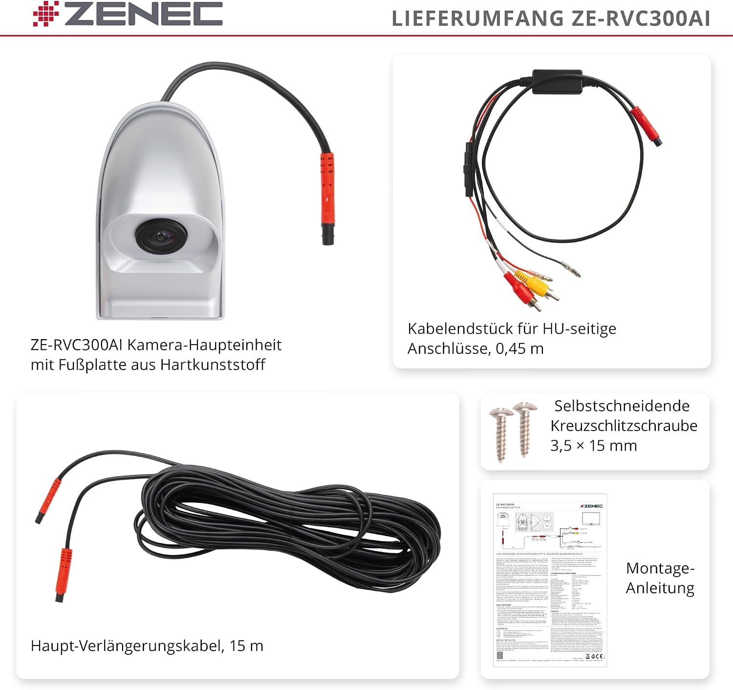 Lieferumfang der Zenec ZE-RVC300AI Kamera inklusive Haupteinheit, Kabeln, Schrauben und Anleitung.