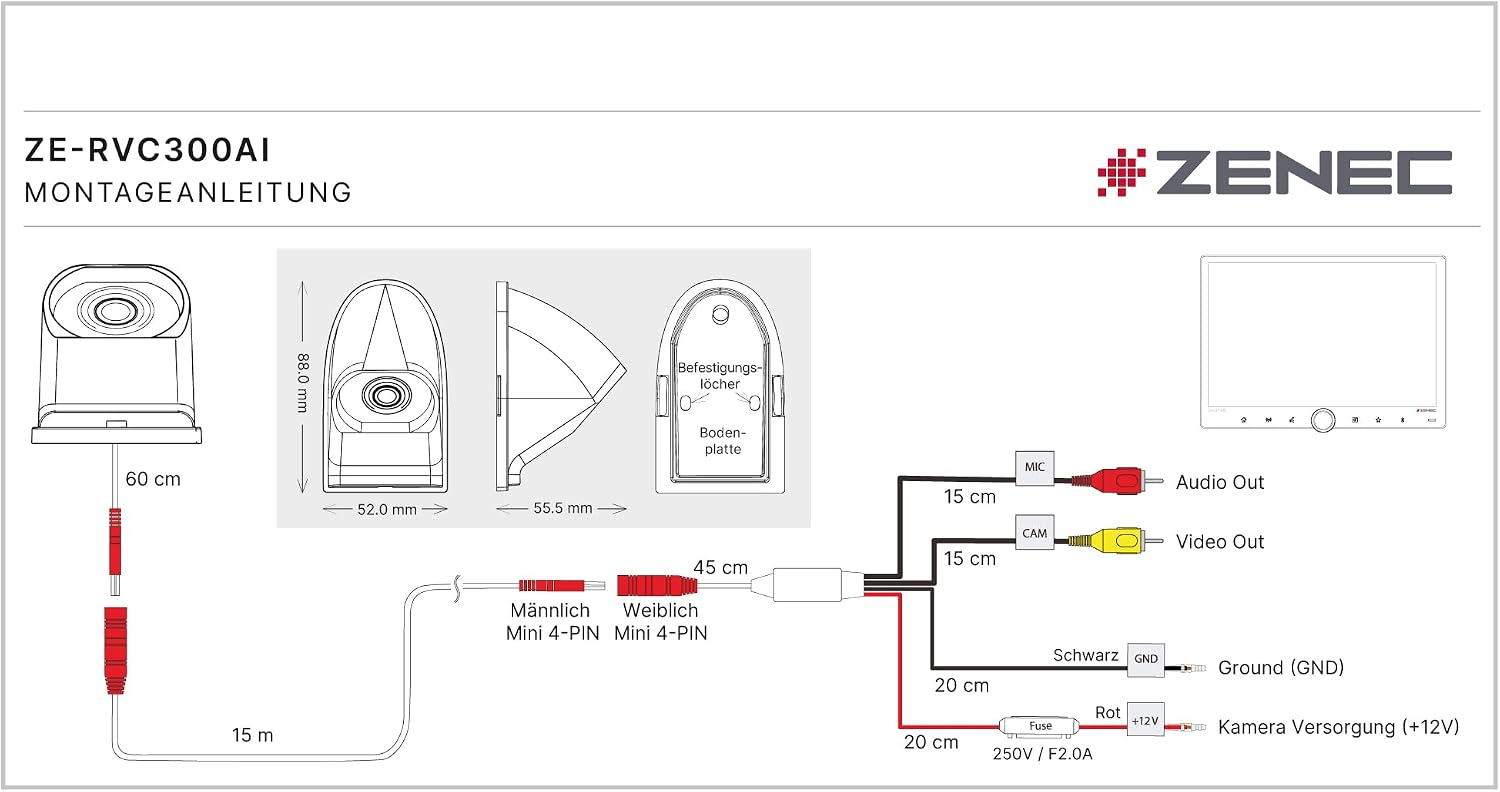 Montageanleitung und Verkabelungsdiagramm für die ZE-RVC300AI Kamera.