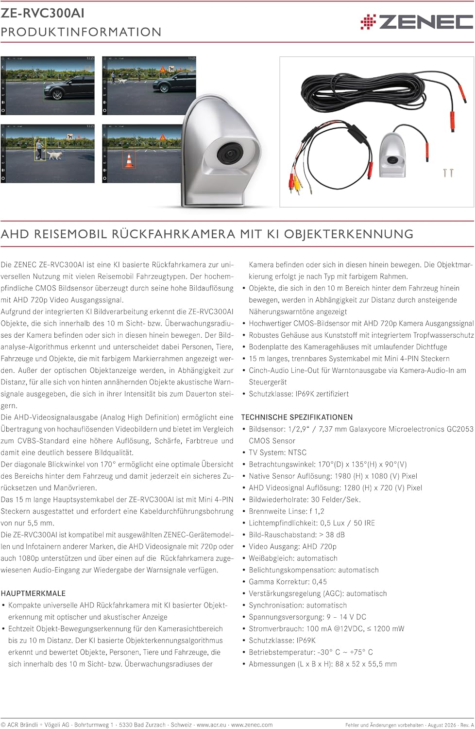 Produktdatenblatt für Zenec Rückfahrkamera mit Kamera, Kabeln, Bildschirmansichten und technischen Daten.