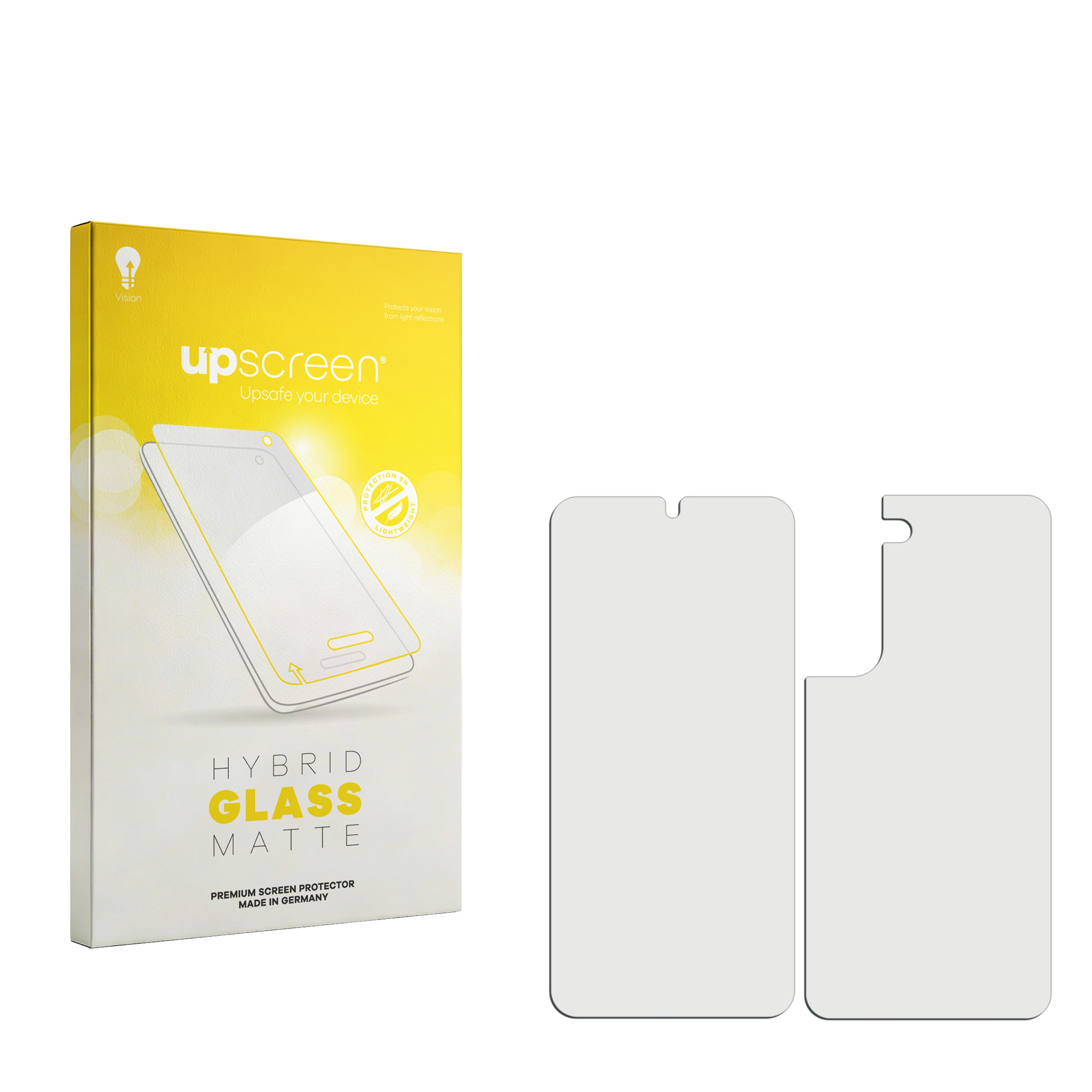 Upscreen Hybrid Glass Matte Displayschutzverpackung mit zwei Schutzfolien daneben.