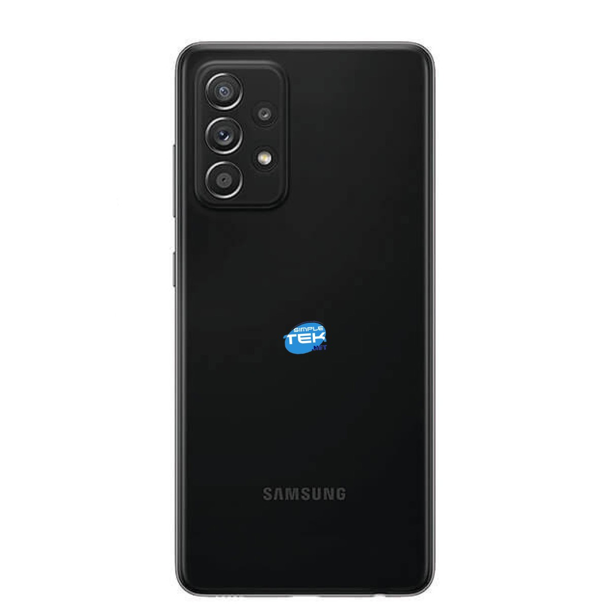 Retro di uno smartphone nero con un modulo a quattro fotocamere in alto a sinistra e il logo Samsung in basso.