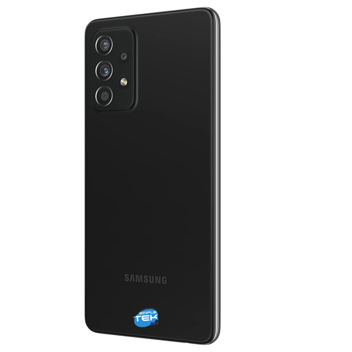 Retro di uno smartphone Samsung nero con configurazione a quattro fotocamere e logo in basso su sfondo bianco.
