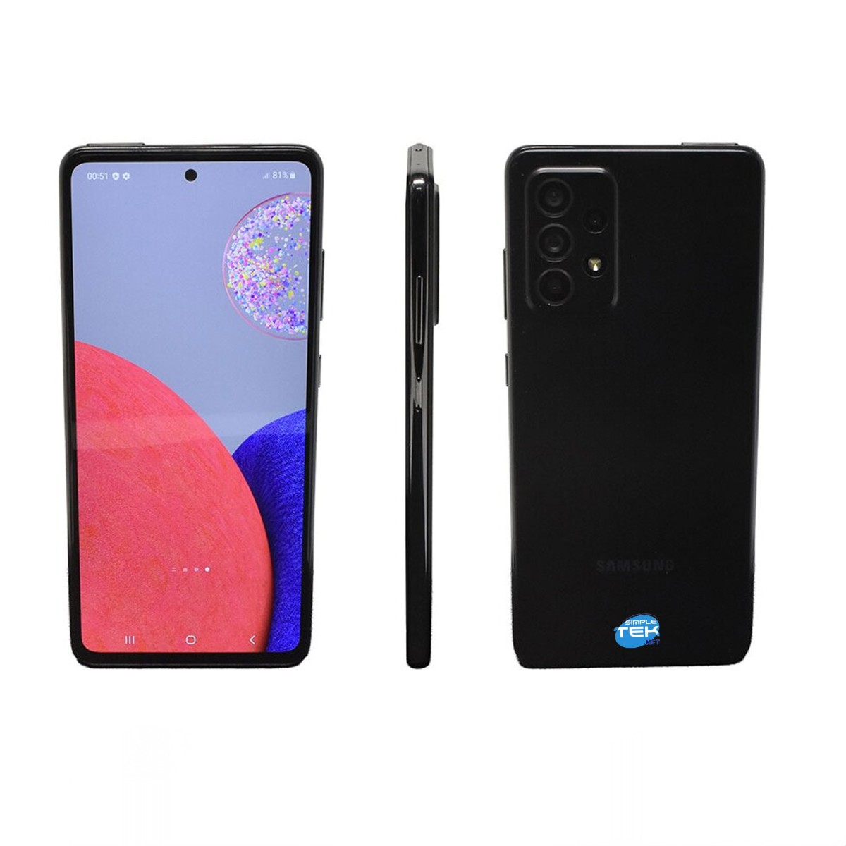 Tre viste di uno smartphone nero: fronte con display, profilo sottile e retro con fotocamere.