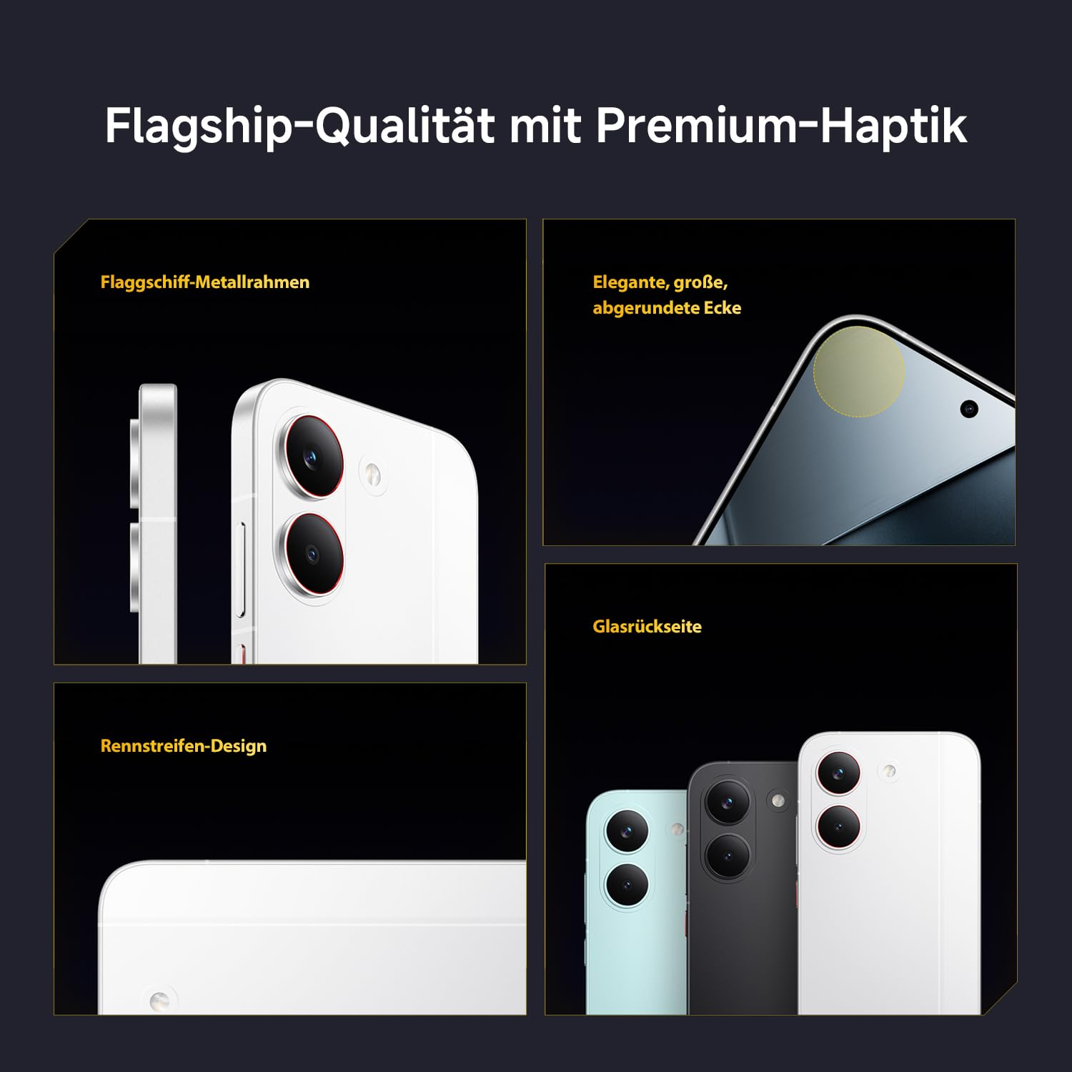 Smartphone-Merkmale: Metallrahmen, abgerundete Ecken, Glasrückseite und Rennstreifen-Design.