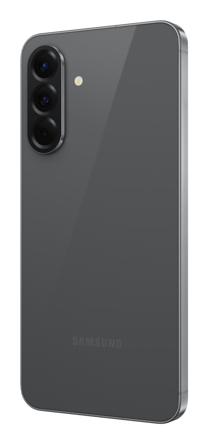 Vista posteriore di uno smartphone grigio con tripla fotocamera verticale e logo Samsung.
