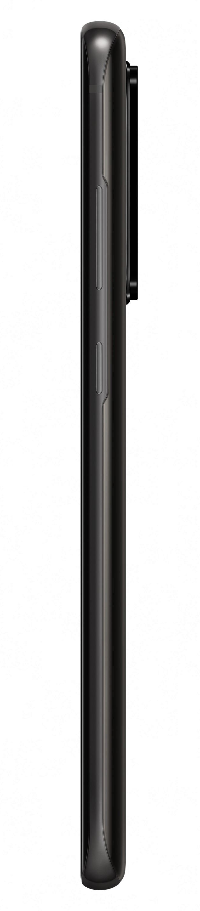 Vista lateral de un elegante smartphone negro con botones físicos y módulo de cámara.