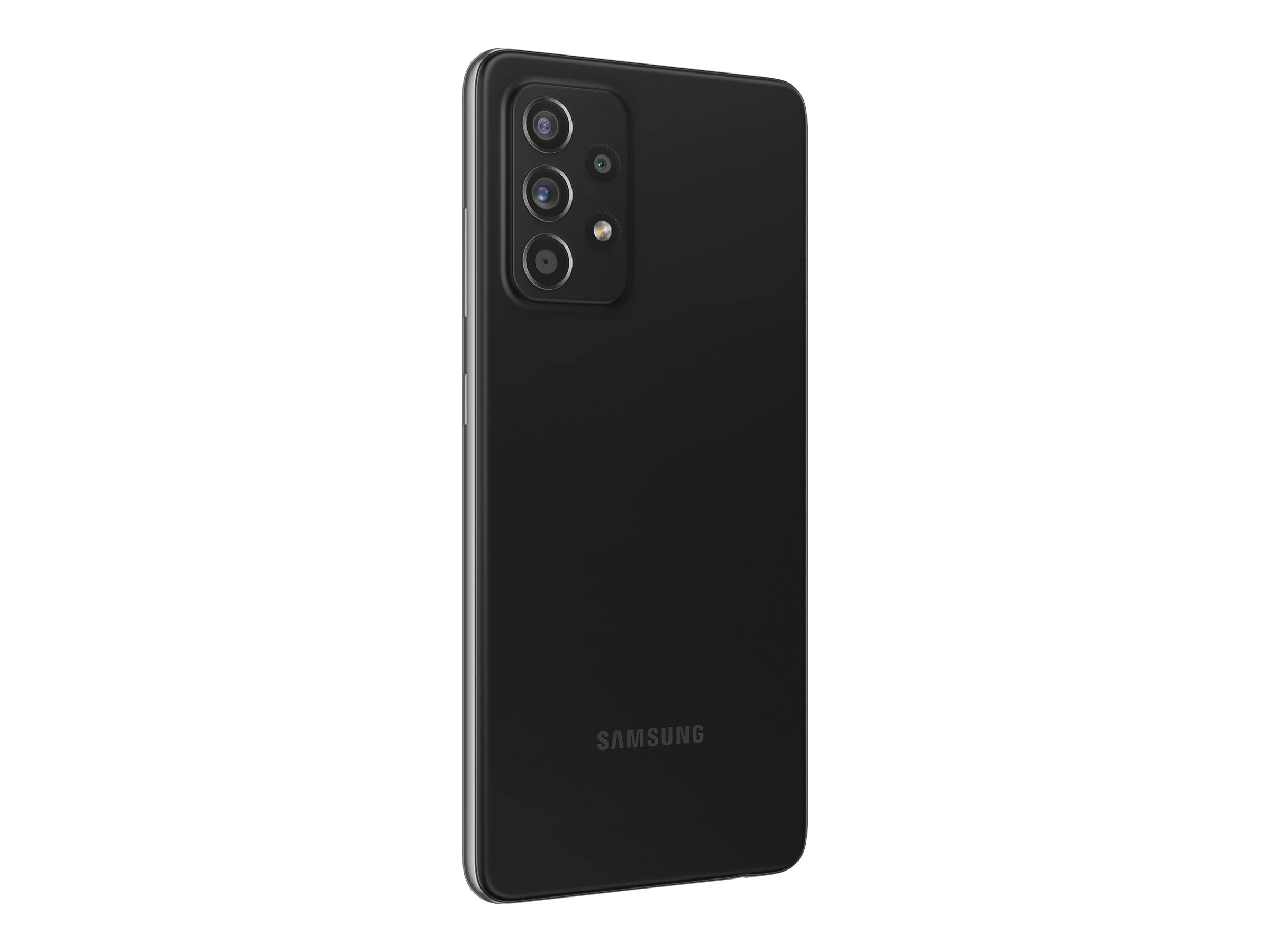 Vista posteriore di uno smartphone nero con quadrupla fotocamera e logo Samsung.