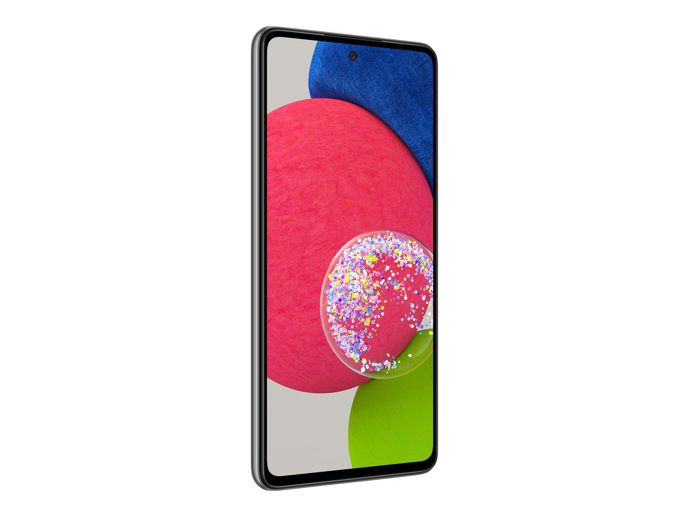 Smartphone in custodia grigia con uno sfondo colorato e astratto sullo schermo.