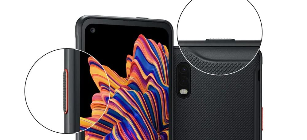 Ein robustes Smartphone mit zwei runden Lupen, die den strukturierten Seitenknopf und die Oberkante hervorheben.