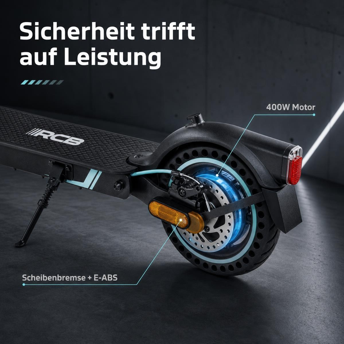 Nahaufnahme des Hinterrads eines schwarzen E-Scooters mit Scheibenbremse, E-ABS und 400W Motor.