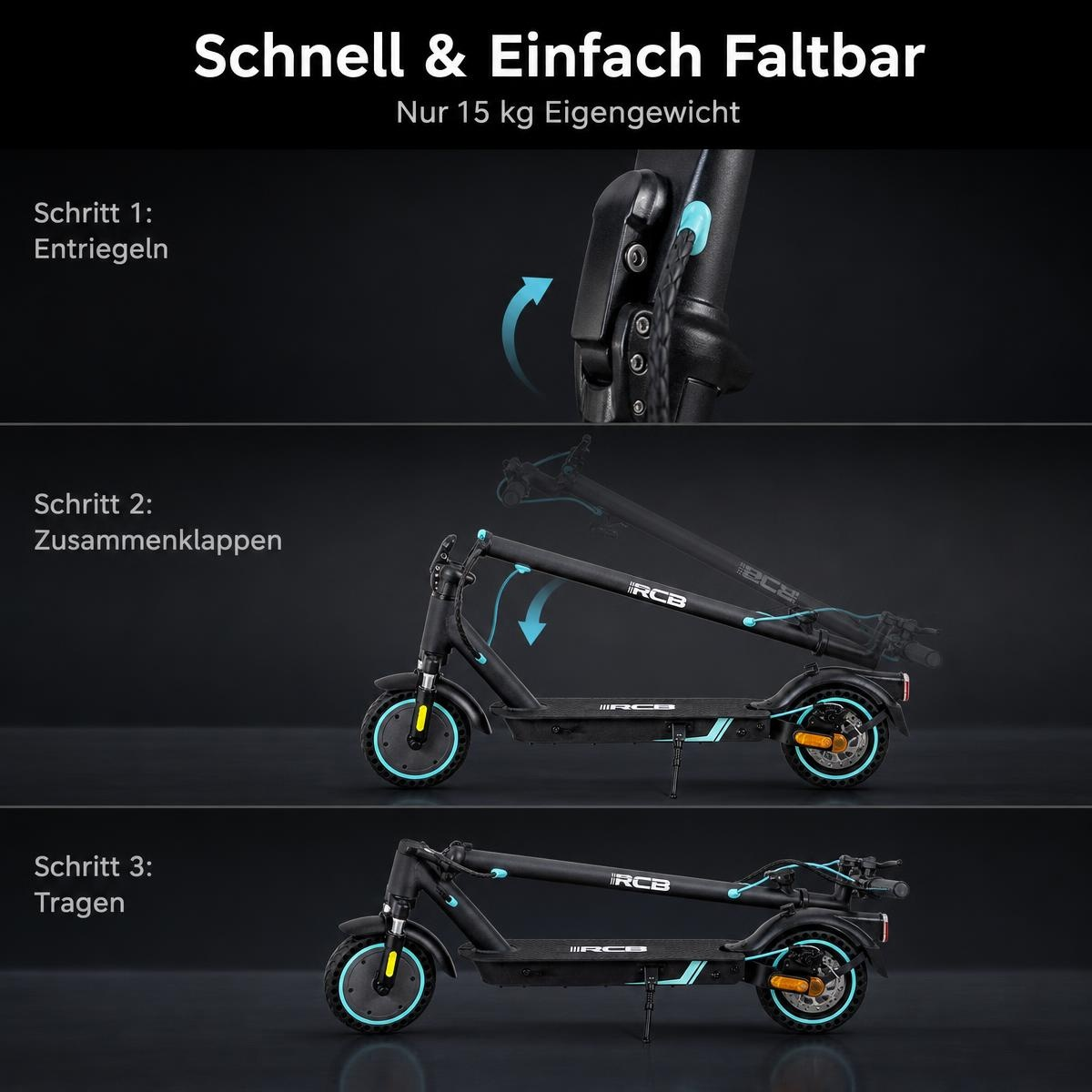 Drei Schritte zum Zusammenklappen eines schwarzen E-Scooters mit blauen und orangen Akzenten auf dunklem Hintergrund.