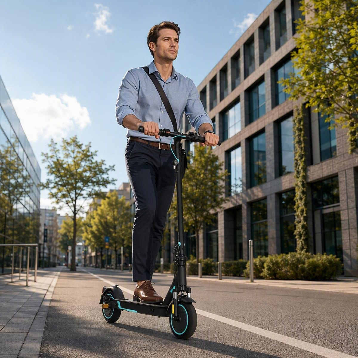 Ein Mann im Hemd fährt mit einem E-Scooter durch eine moderne Straßenschlucht.