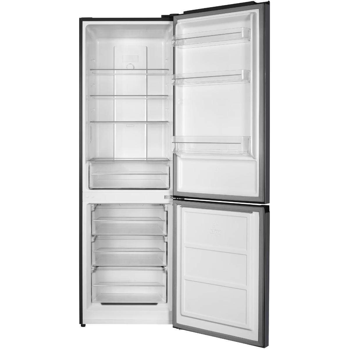 An open black refrigerator with its door open reveals empty glass shelves and drawers inside.