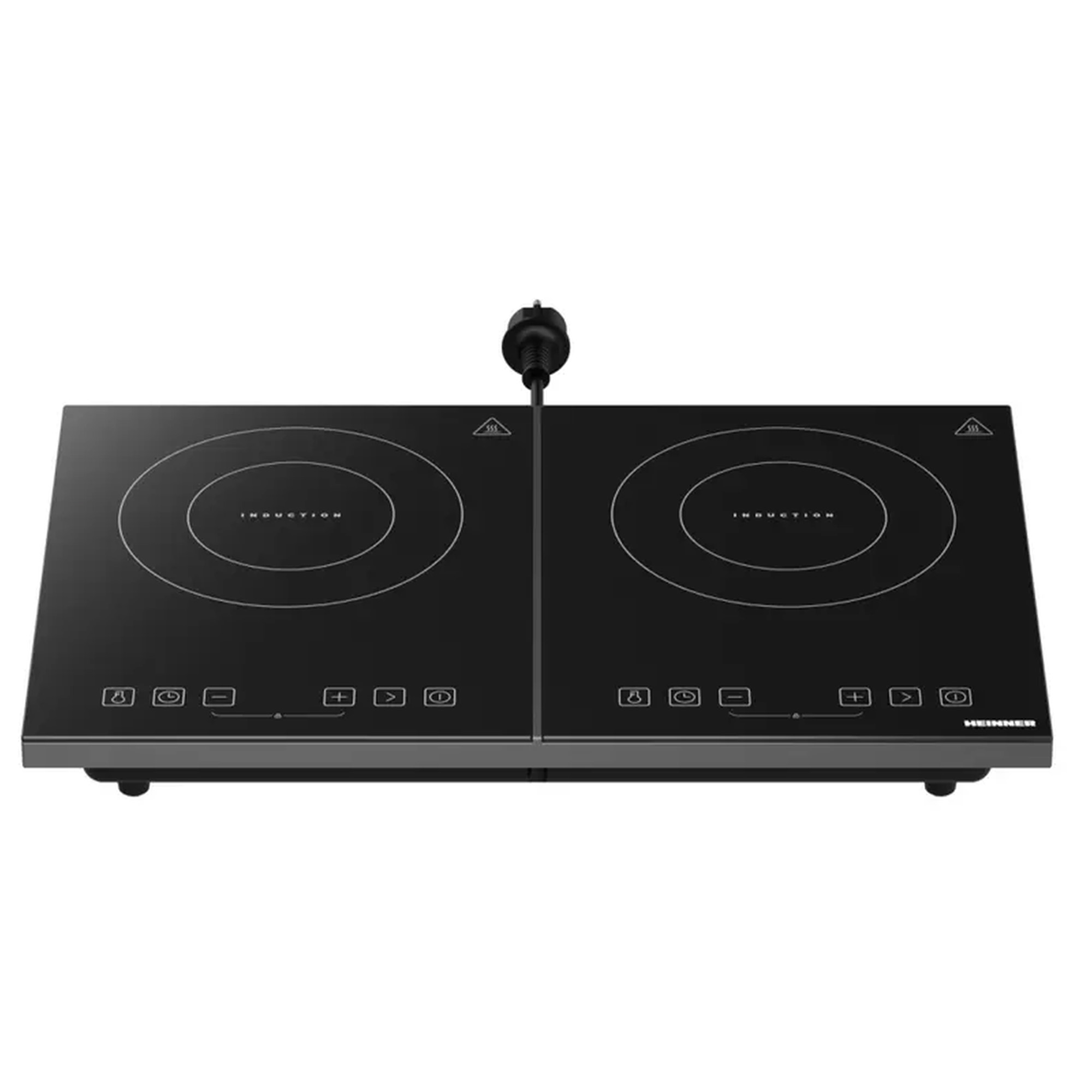 Een zwarte dubbele inductiekookplaat met touchbediening en een stroomsnoer.