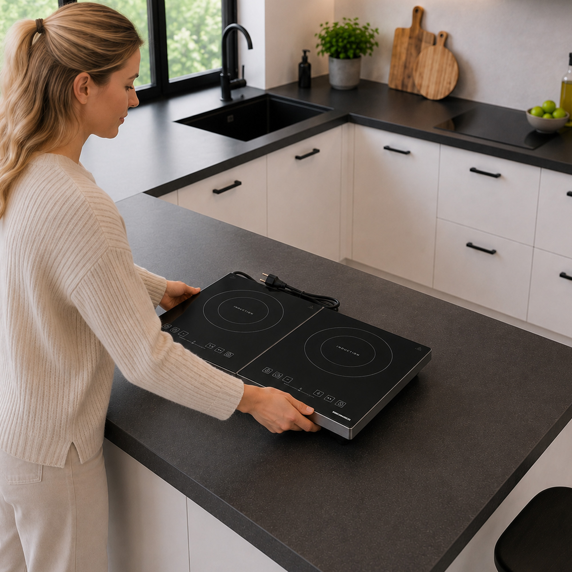 Een vrouw in een moderne keuken plaatst een draagbare inductiekookplaat op het aanrecht.