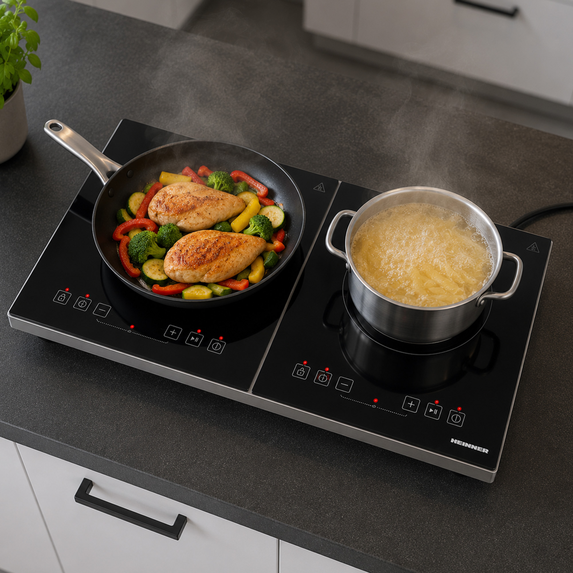 Een zwarte inductiekookplaat met pan kip en groenten, en een pan kokende pasta.