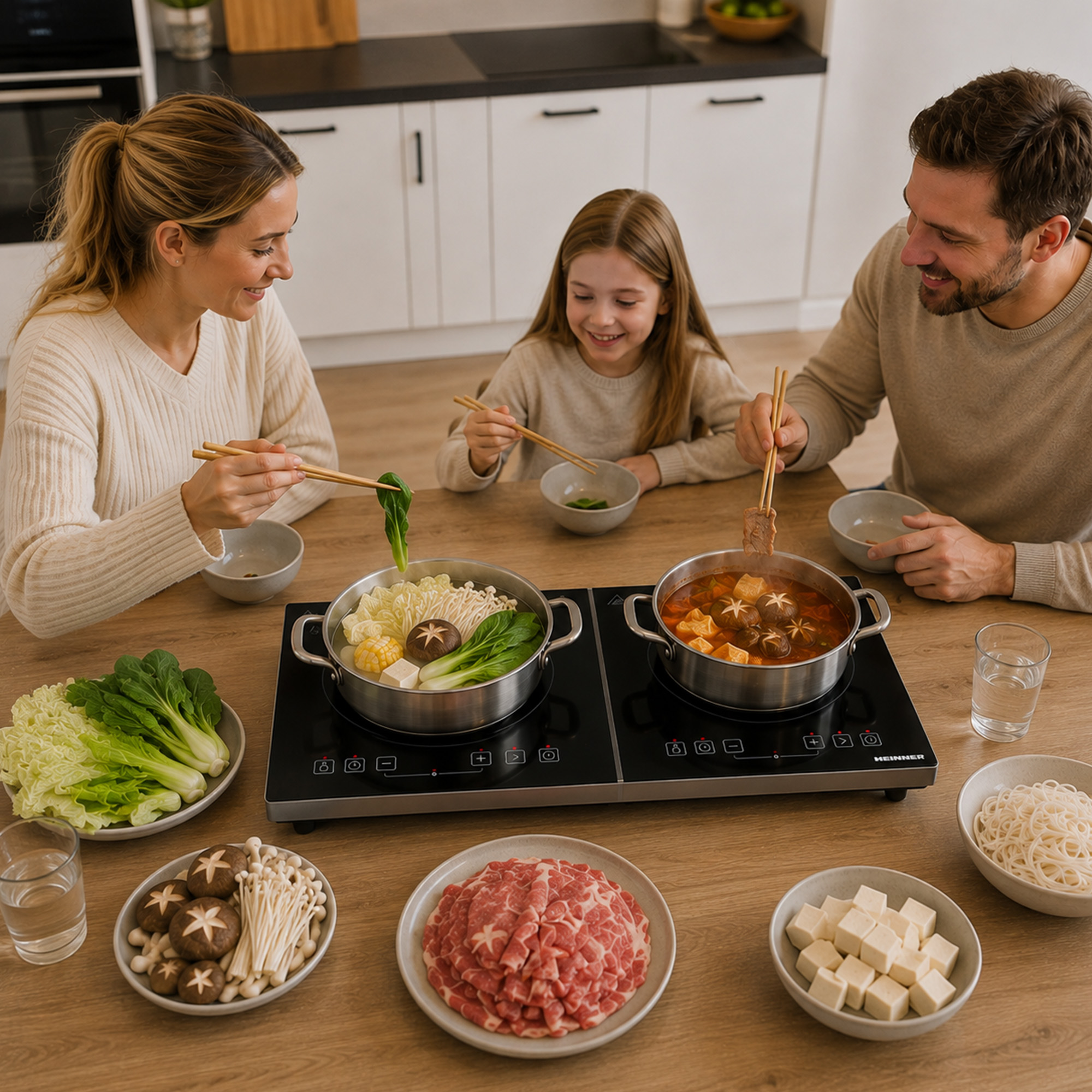 Eine Familie kocht zusammen am Tisch, mit zwei Töpfen, Gemüse, Fleisch und Pilzen.