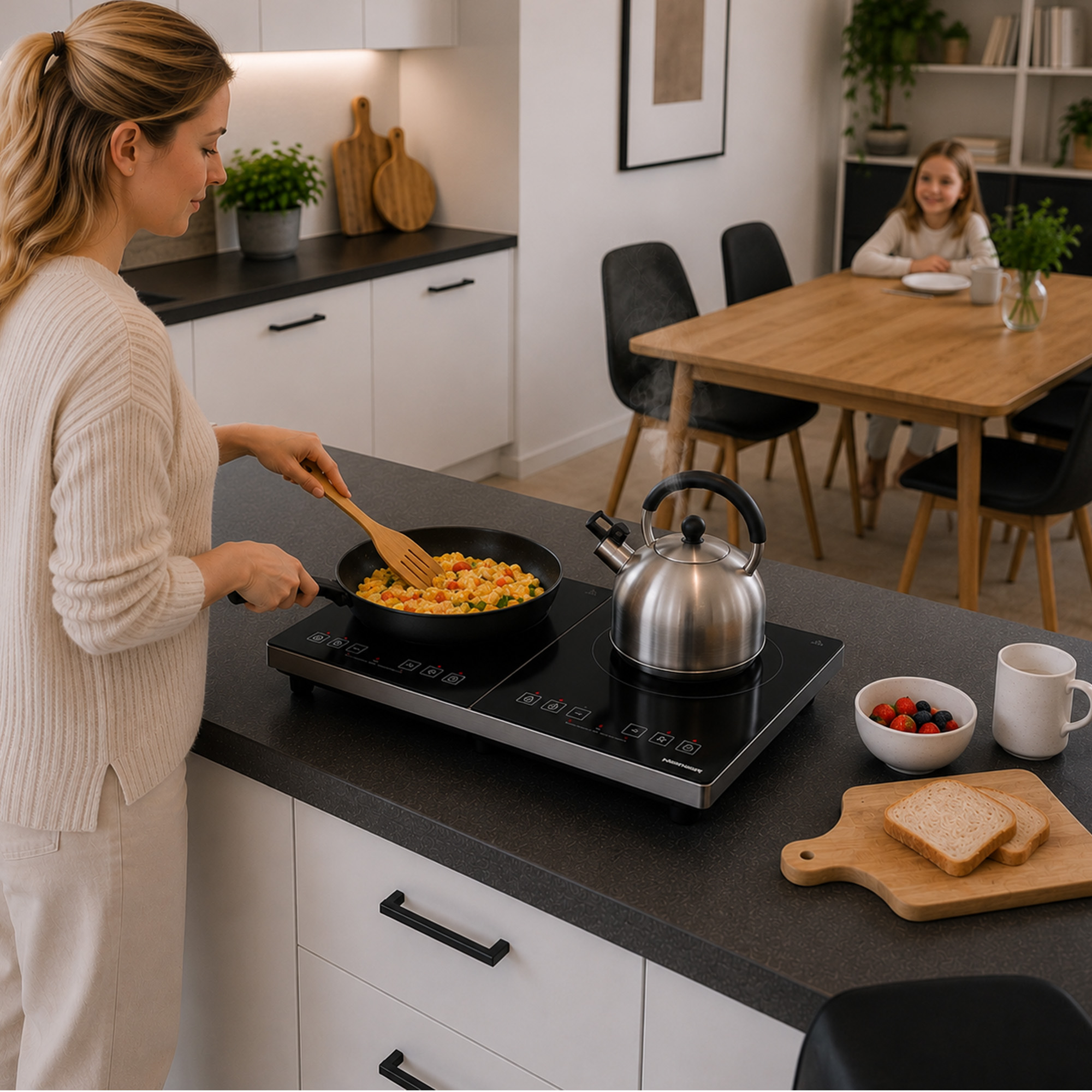Vrouw kookt op een inductiekookplaat terwijl een meisje aan tafel zit. Een waterkoker en fruit staan klaar.