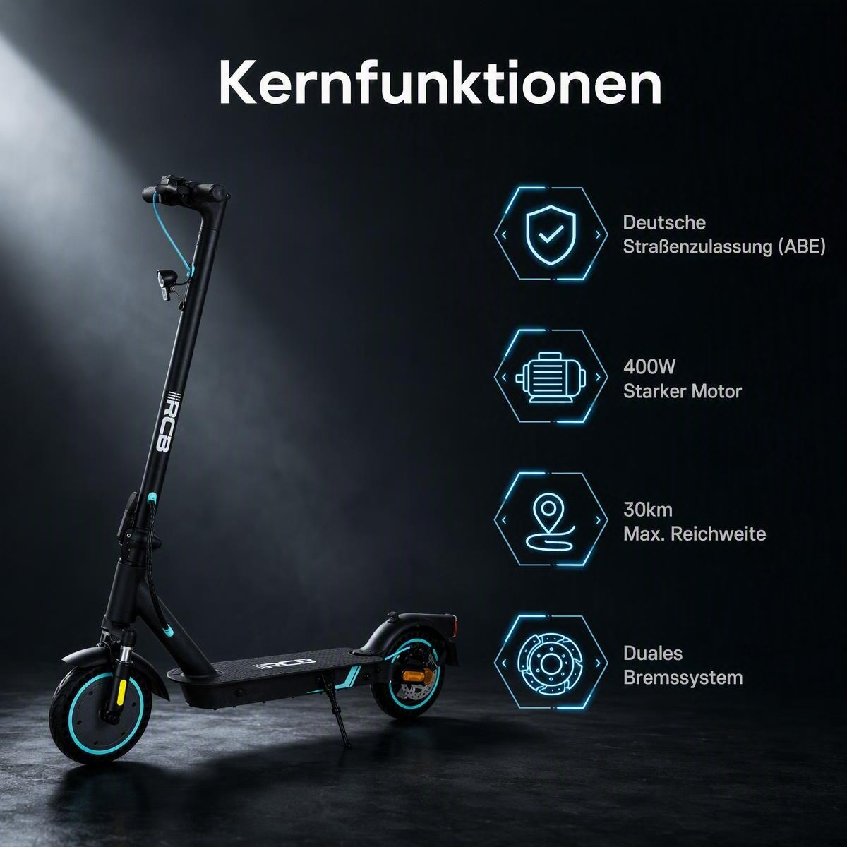 Schwarzer E-Scooter mit blauen Akzenten und Key-Features auf dunklem Hintergrund.