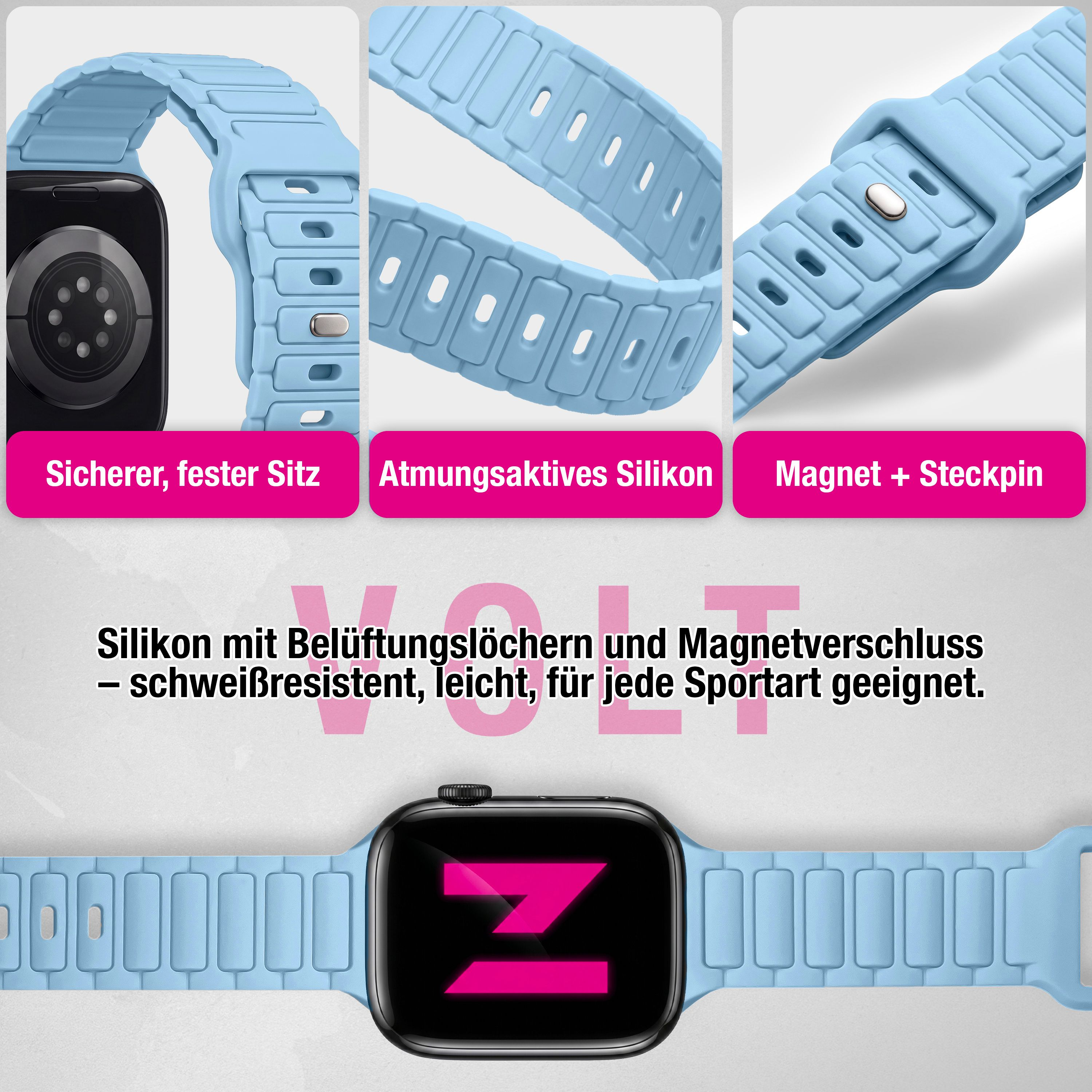 Cinturini per smartwatch in silicone blu con fori di ventilazione, chiusura magnetica e testo su sfondo grigio.