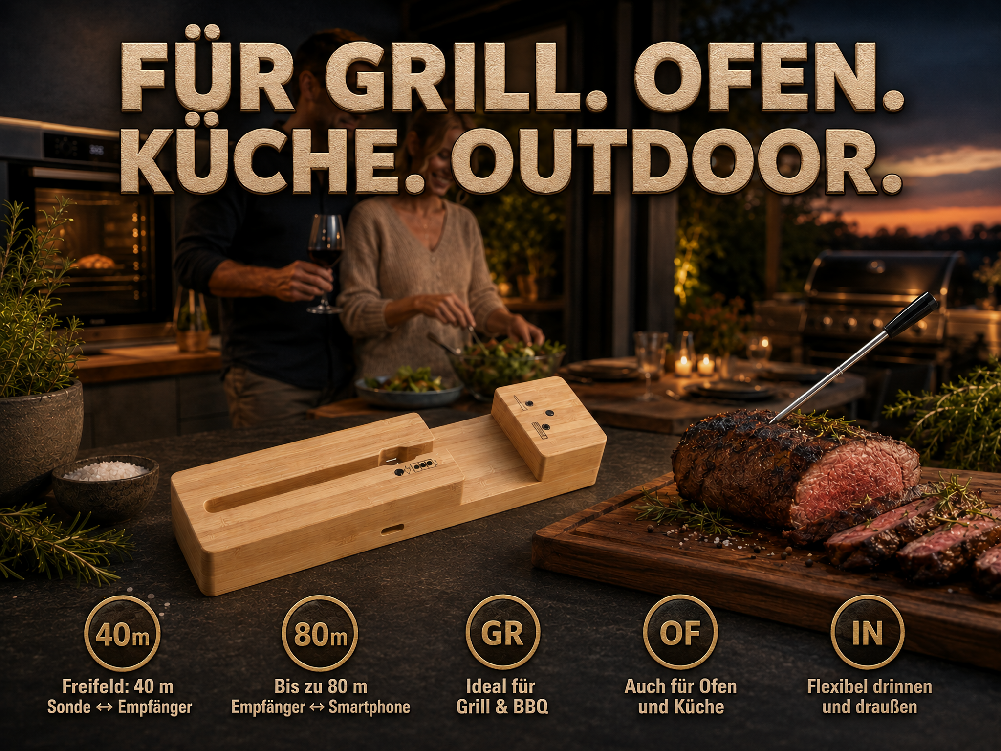 Ein kabelloses Fleischthermometer aus Holz liegt auf einer Küchentheke neben gegrilltem Steak.