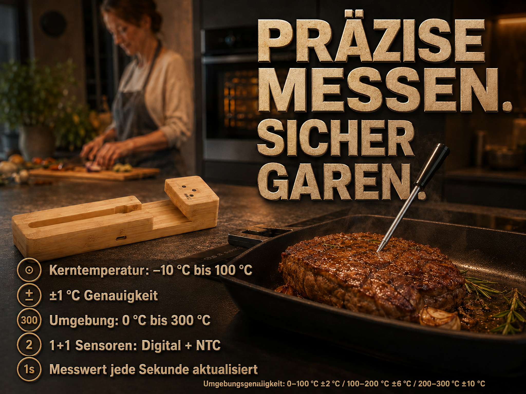 Ein Fleischthermometer steckt in einem saftigen Steak in einer Pfanne. Im Hintergrund bereitet eine Köchin Essen zu.