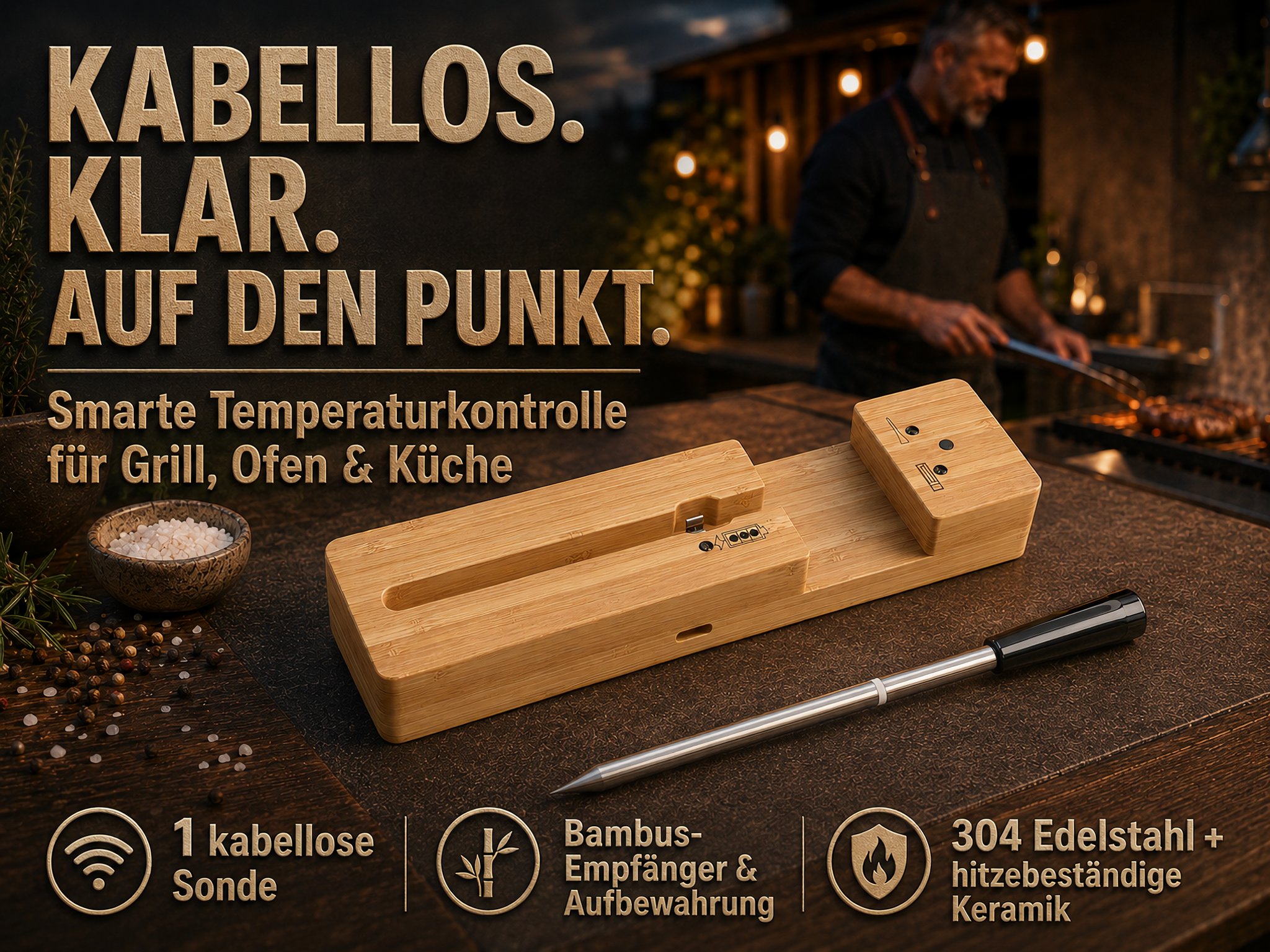 Holz-Bambu-Ladestation für kabellose Fleischthermometer auf dunklem Holztisch, im Hintergrund grillt ein Mann.