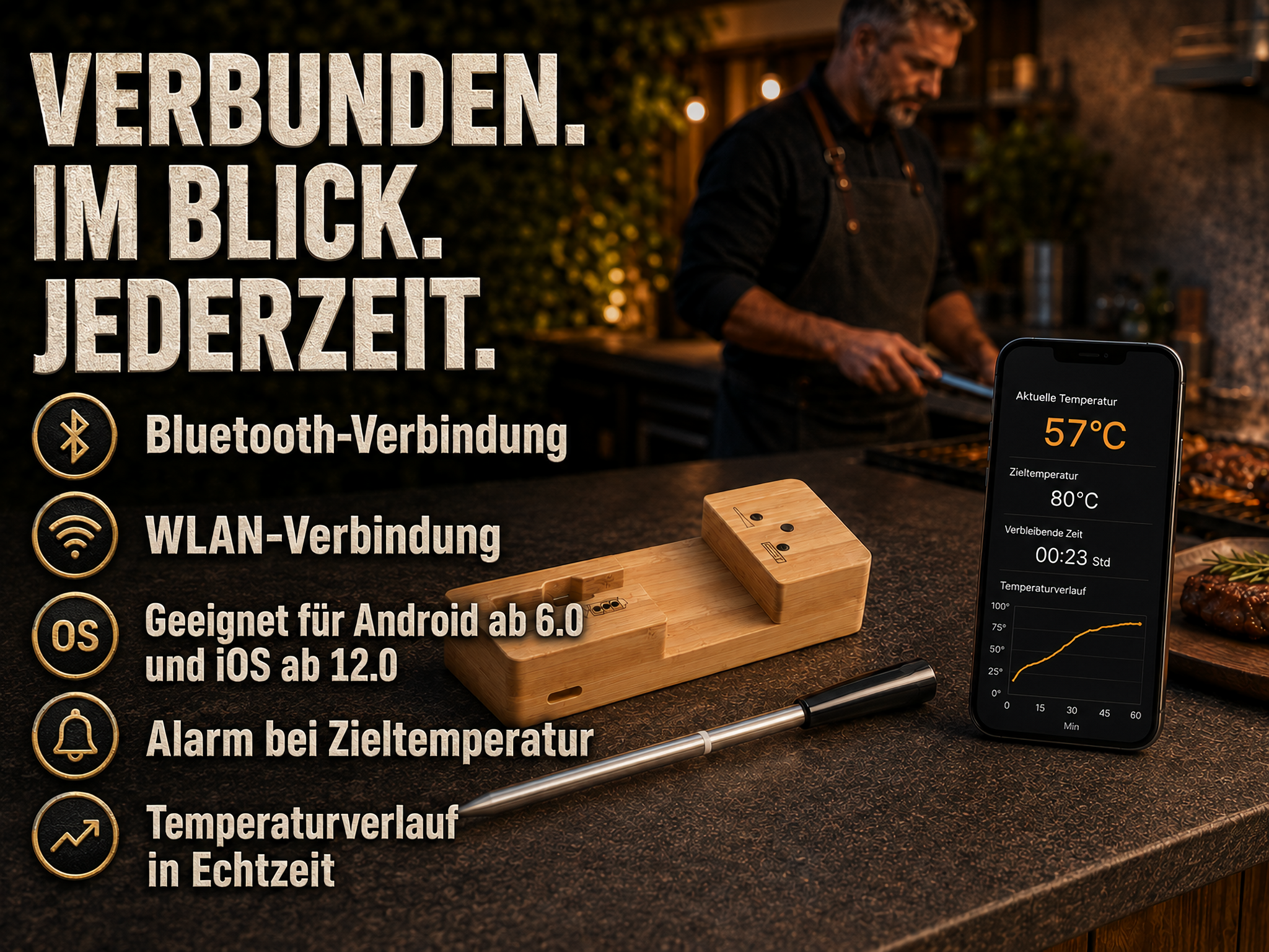 Ein hölzernes Smart-Fleischthermometer auf einer Küchenarbeitsplatte mit Smartphone für Temperaturdaten.