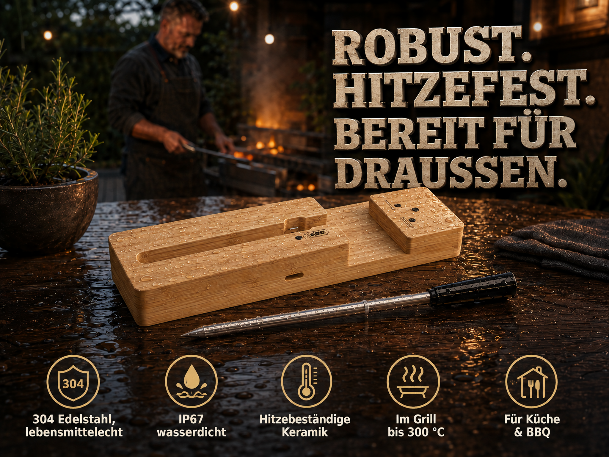 Wasserdichter Bambus-Grillthermometer-Halter auf einem nassen Tisch mit Grill-Symbolen unten.