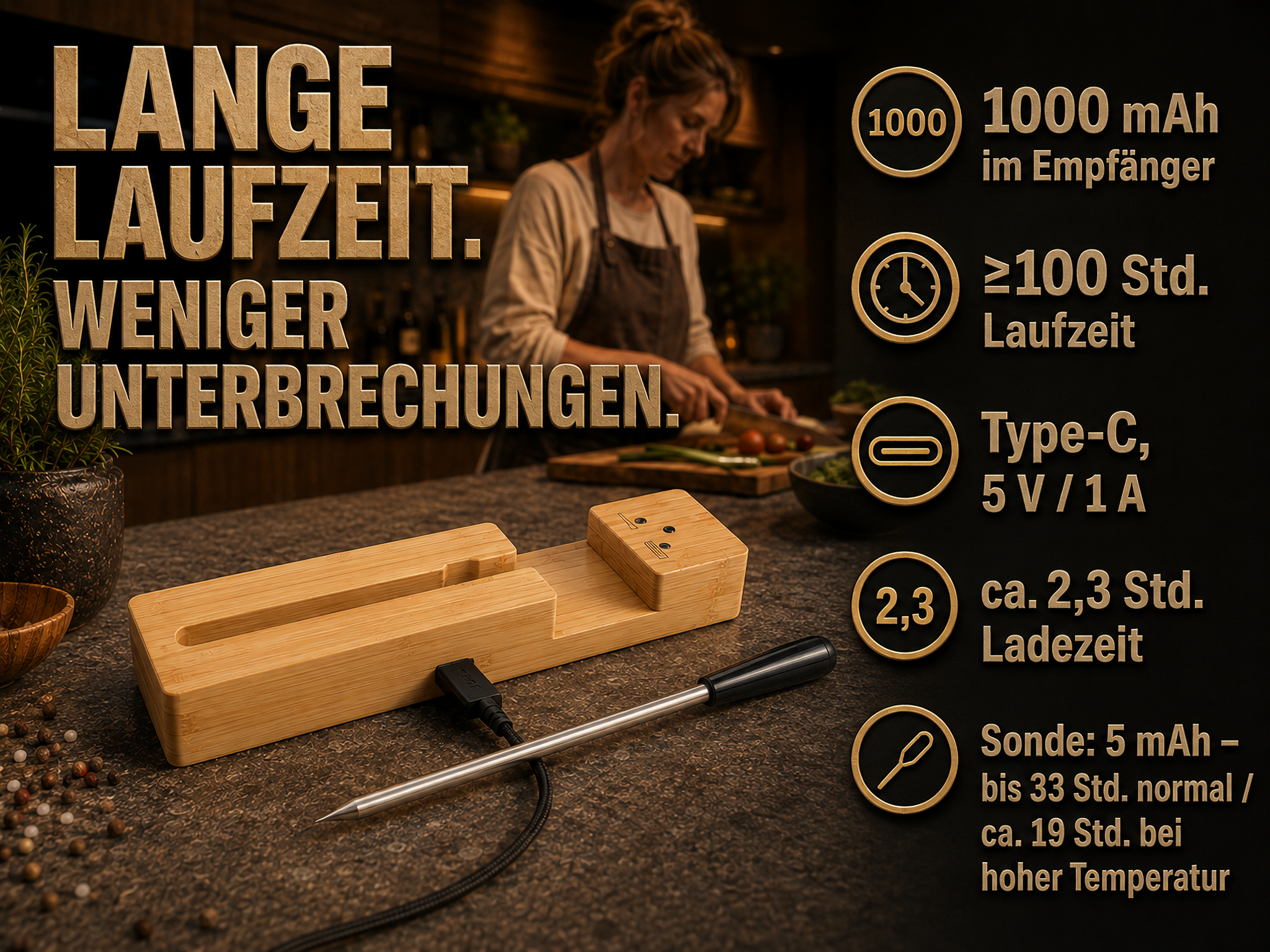 Eine hölzerne Ladestation und ein Fleischthermometer auf einer KüchenTheke mit Text und Icons.