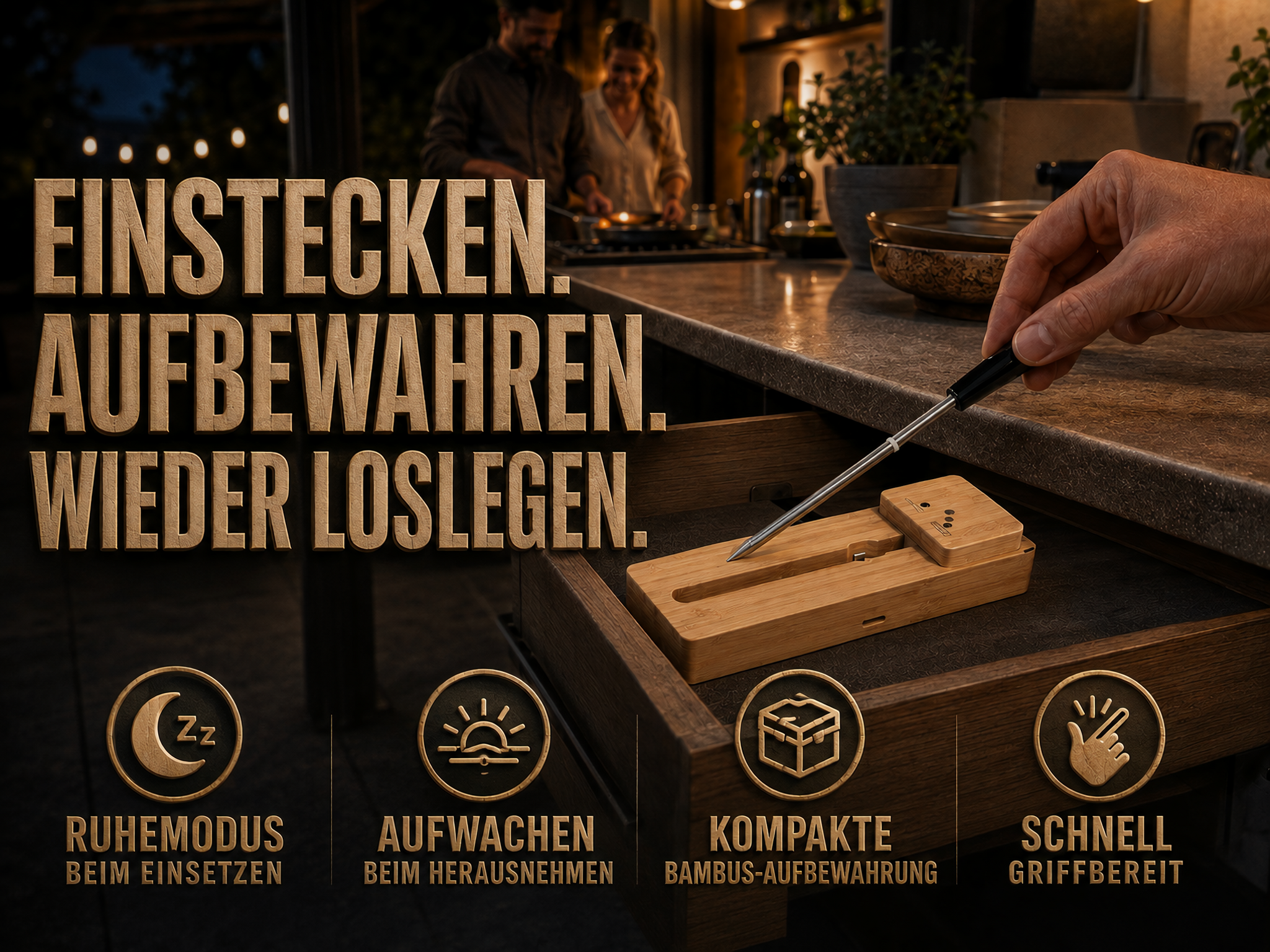 Eine Hand legt ein Thermometer in eine Bambus-Aufbewahrung in einer offenen Küchenschublade mit Icons und Texten.