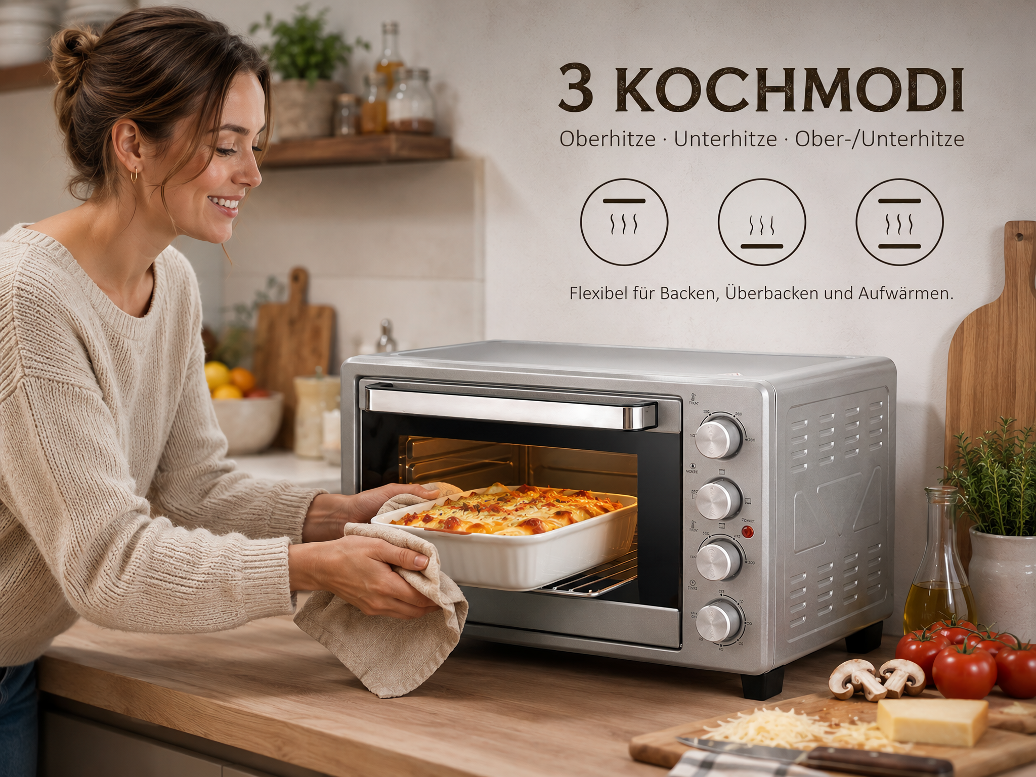 Eine Frau schiebt einen Auflauf in einen kleinen Backofen.