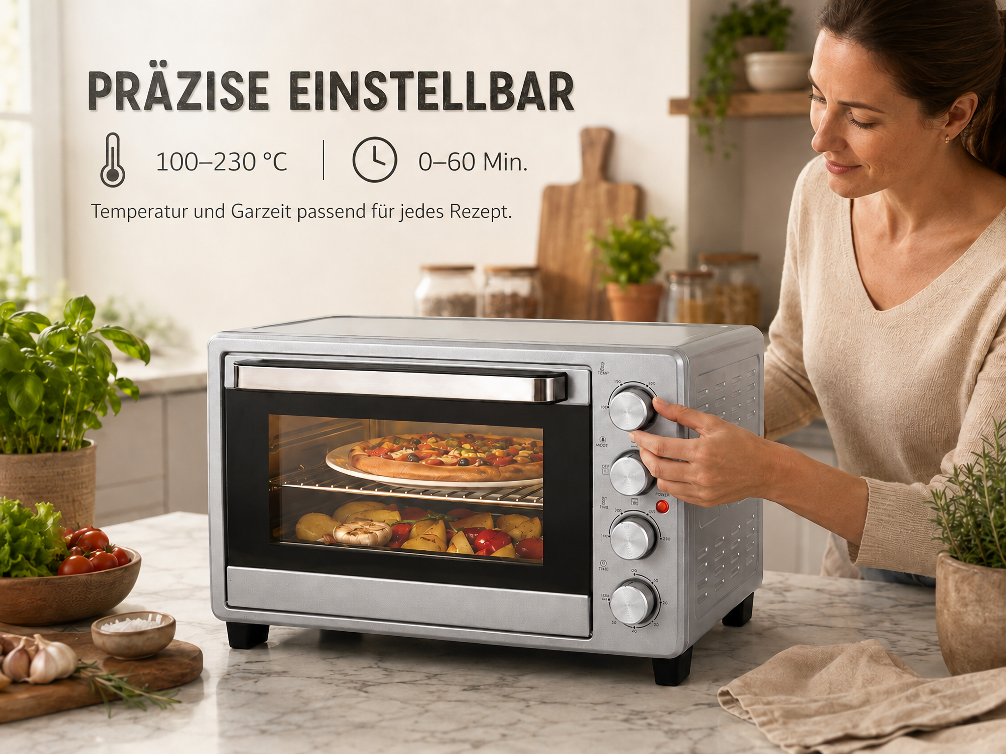 Eine Frau bedient die Regler eines silbernen Mini-Ofens, in dem eine Pizza bäckt.