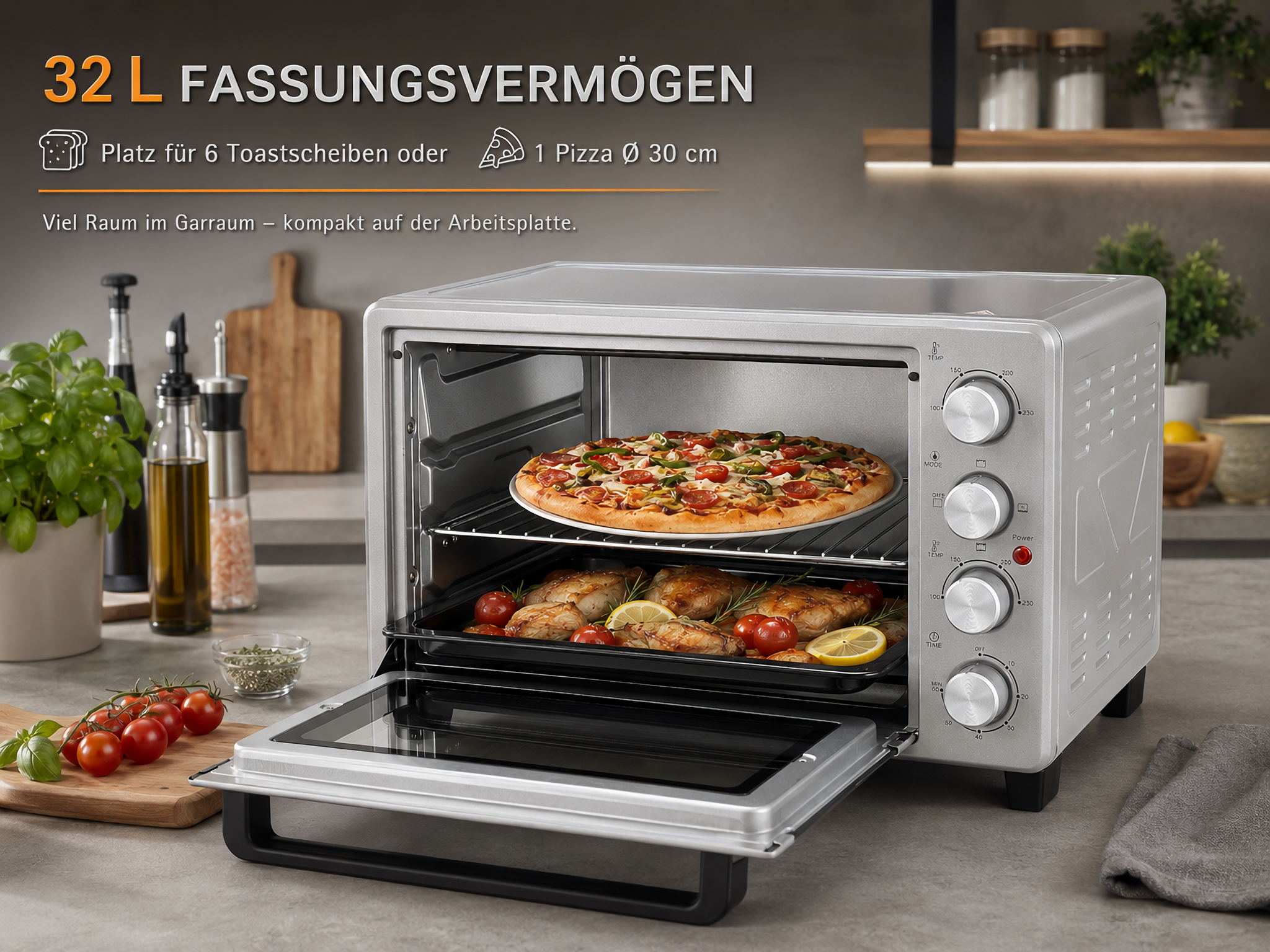 Silberner Mini-Backofen auf einer Küchentheke mit Pizza oben und Hähnchen unten.