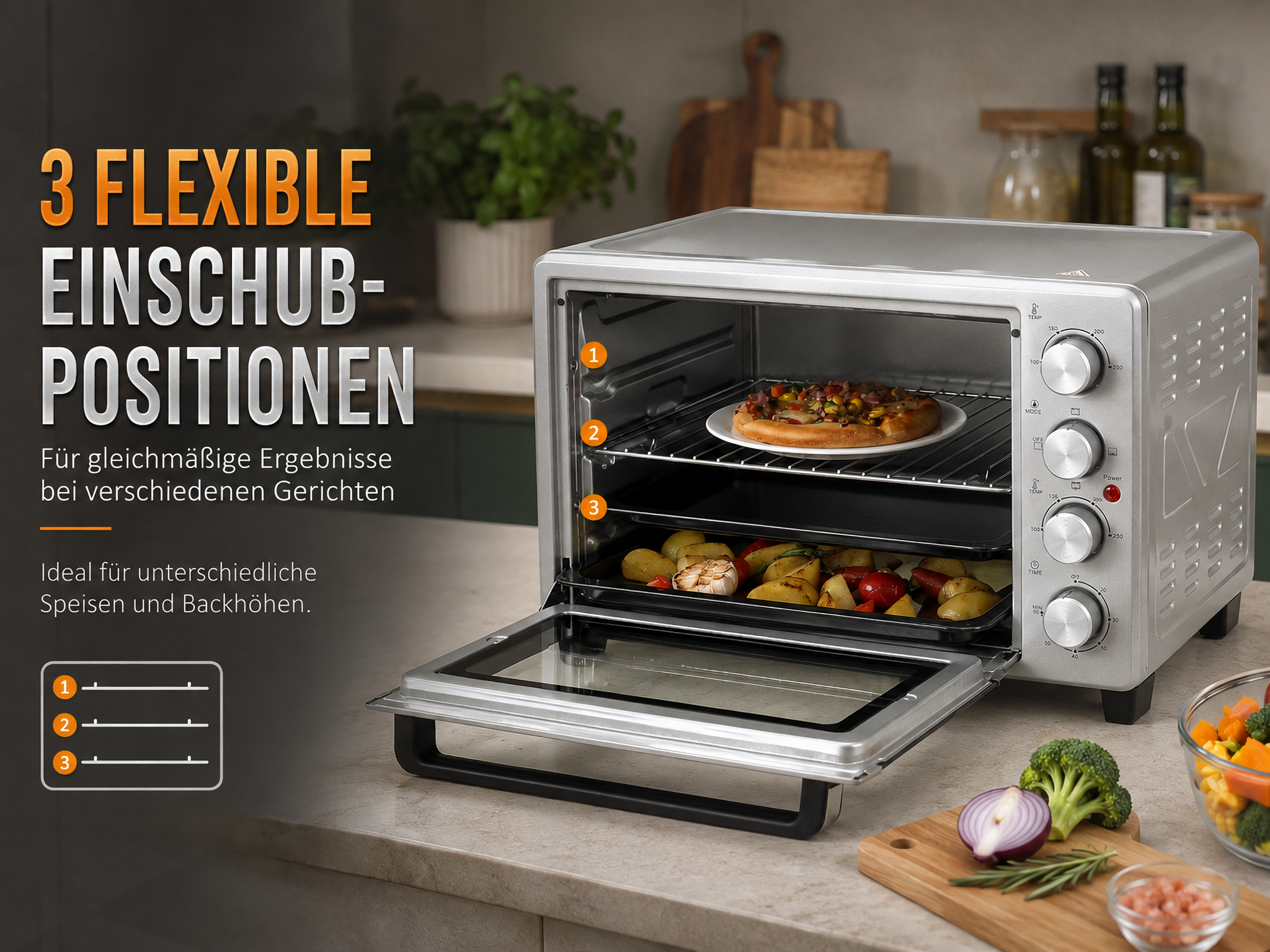 Silberner Mini-Backofen auf einer Küchenarbeitsplatte mit drei Einschubhöhen, einer Pizza und geröstetem Gemüse.