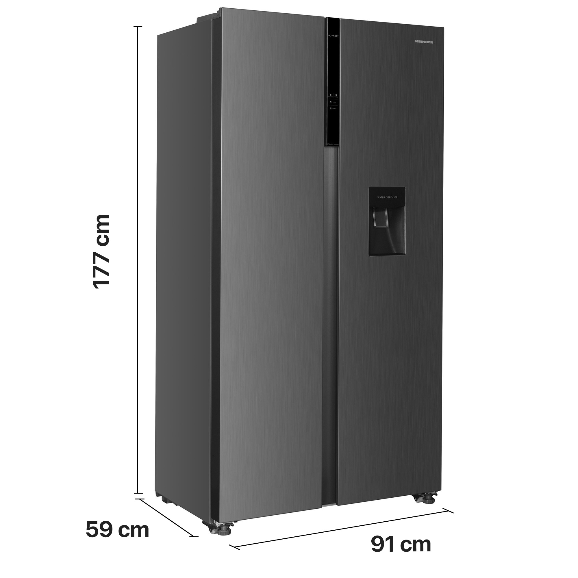 Dunkelgrauer Side-by-Side-Kühlschrank mit Wasserspender und Maßangaben in cm.