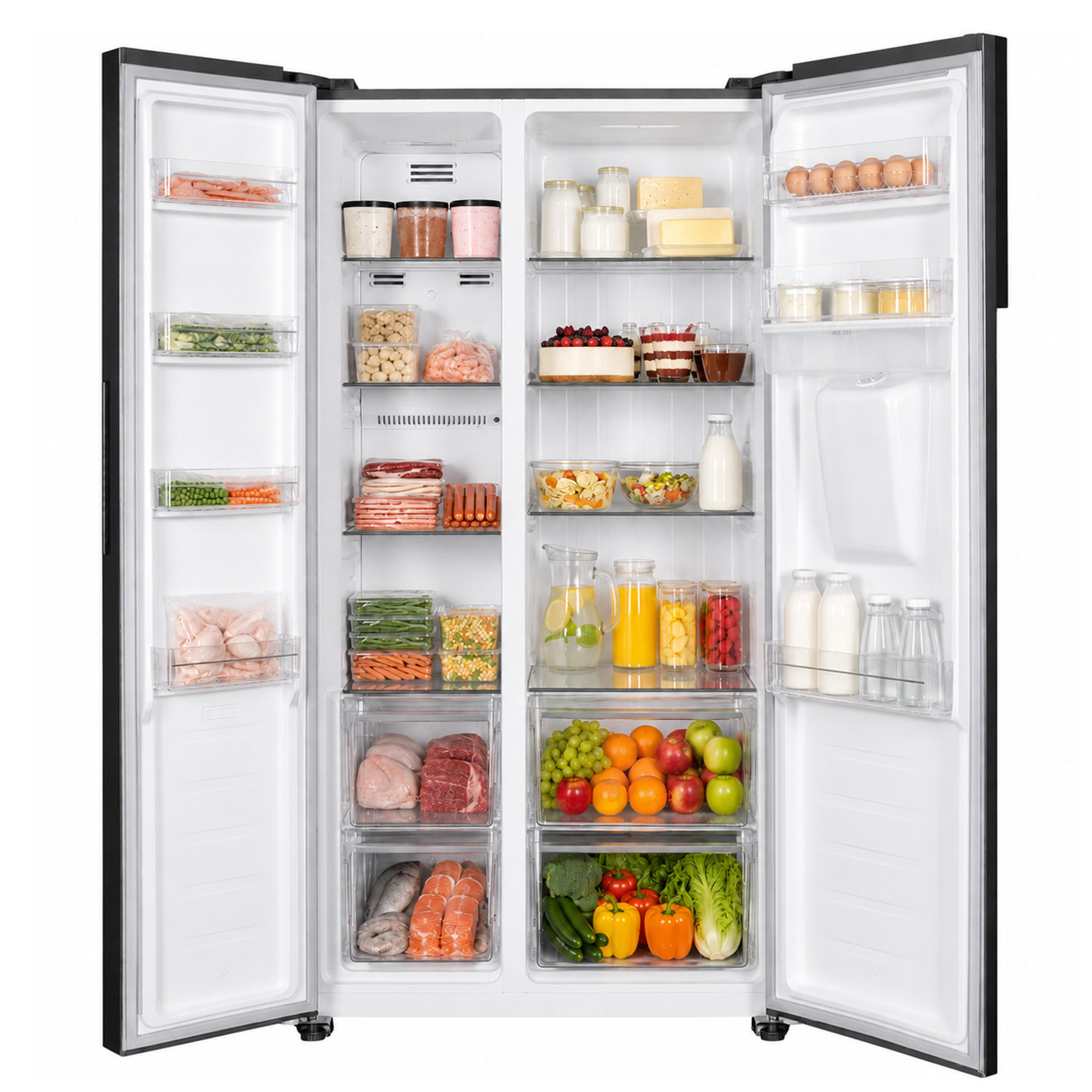 Ein offener Doppeltür-Kühlschrank, gefüllt mit frischen Lebensmitteln, Gemüse, Obst, Milchprodukten und Fleisch.