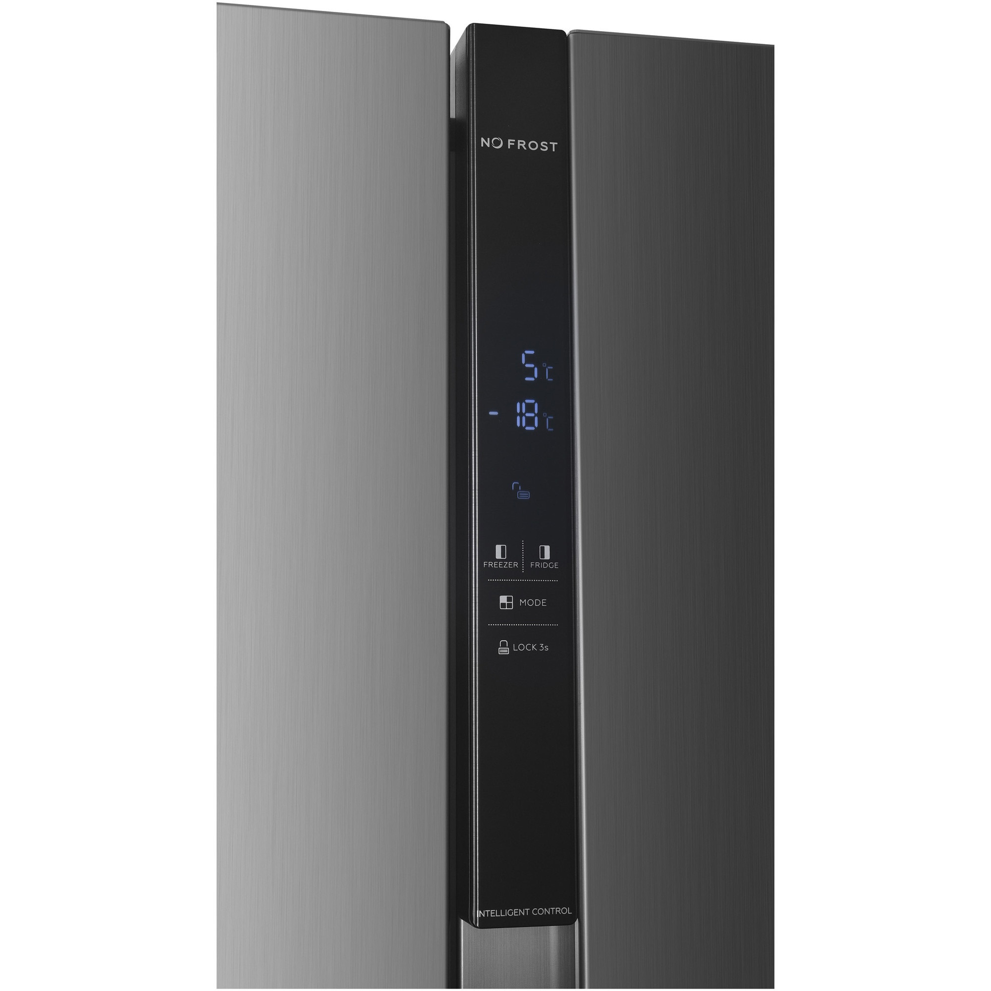 Edelstahl-Doppeltür-Kühlschrank mit schwarzem LED-Bedienfeld.