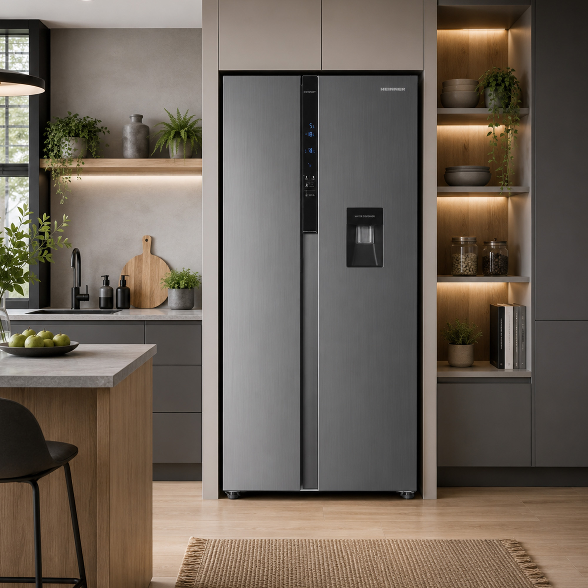Ein moderner grauer Kühlschrank in einer Küche mit Holzfußboden, warmen Regalen und grauen Schränken.