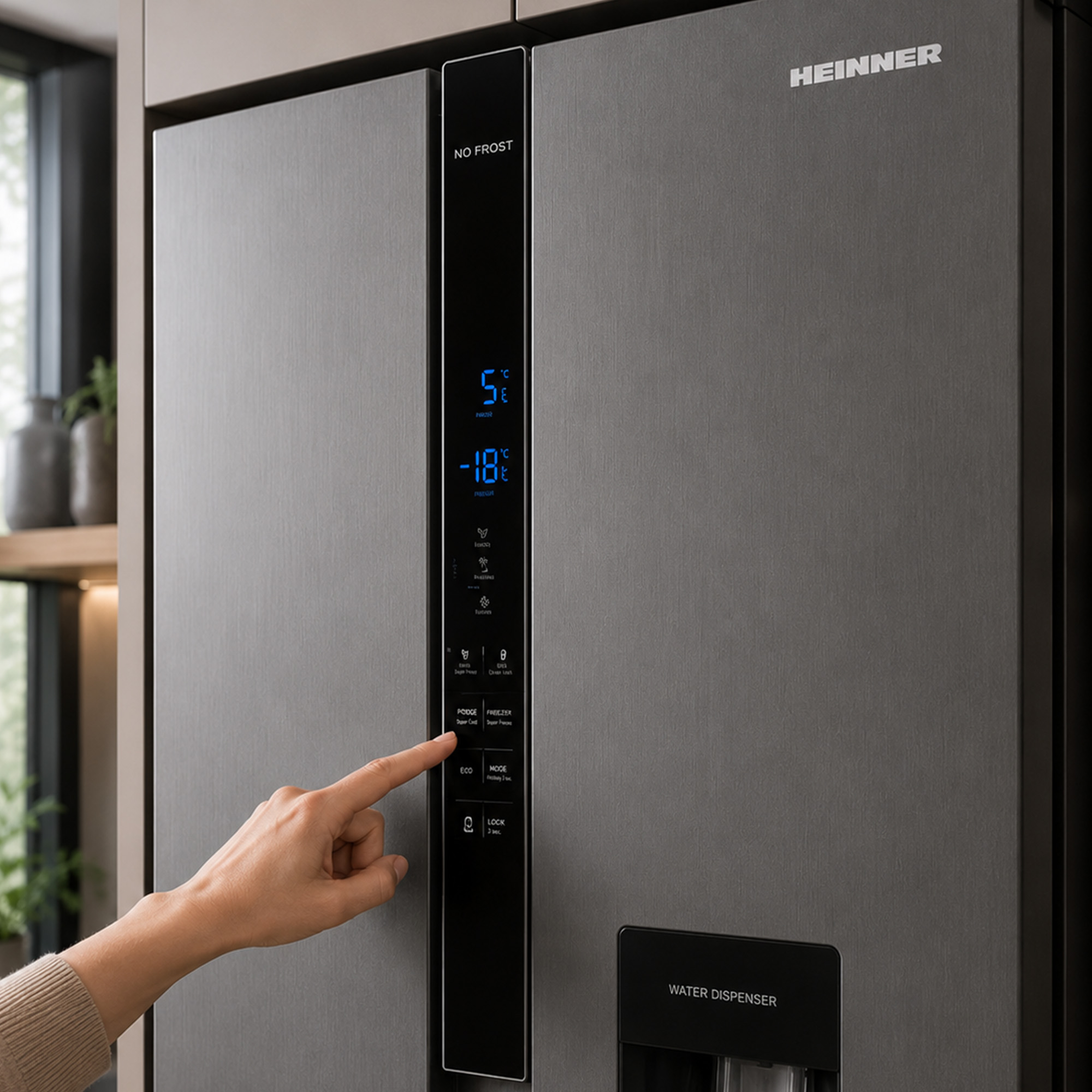 Eine Hand bedient das digitale Bedienfeld eines grauen Heinner-Kühlschranks mit Wasserspender.
