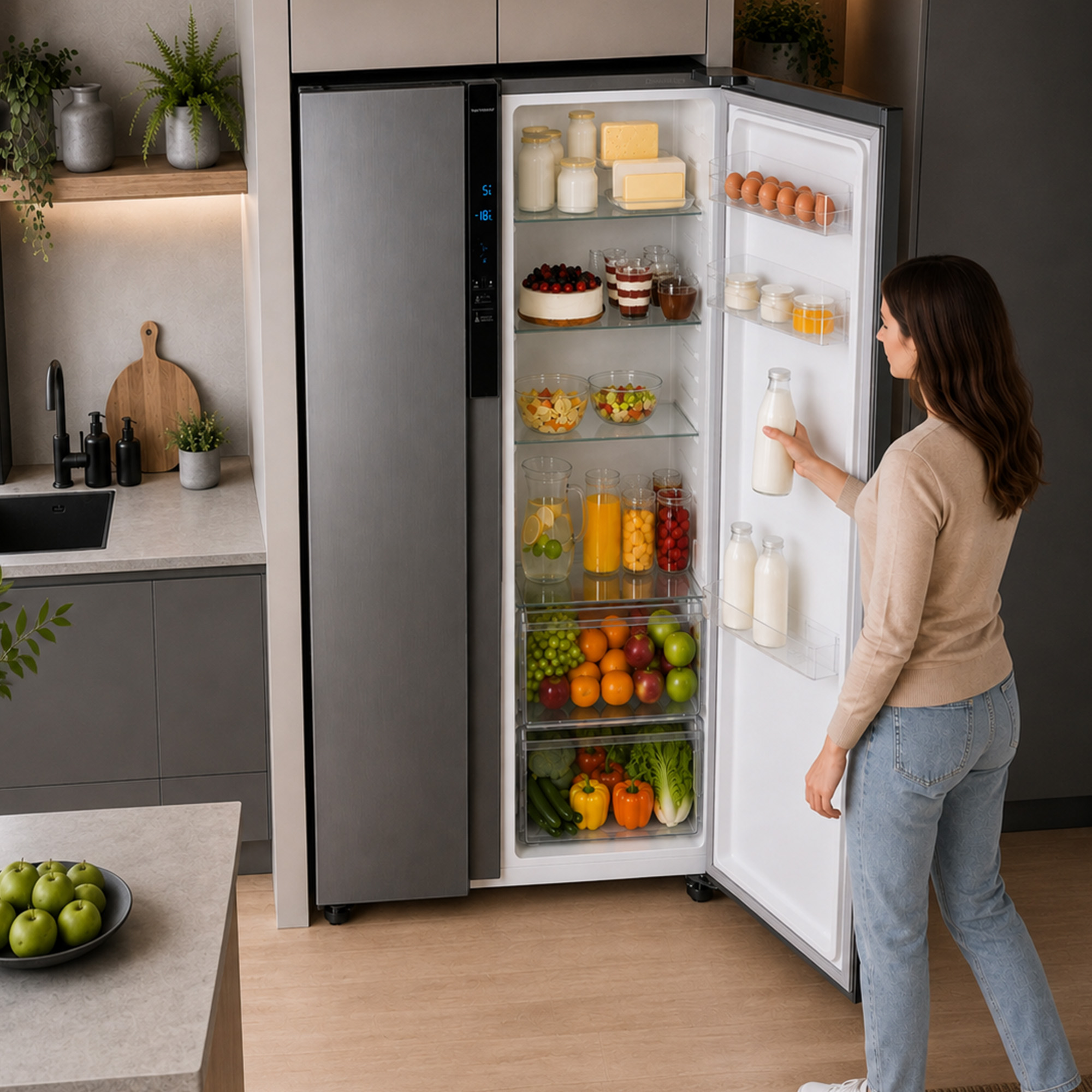 Eine Frau in der Küche greift in den geöffneten, gut gefüllten Kühlschrank nach einer Milchflasche.