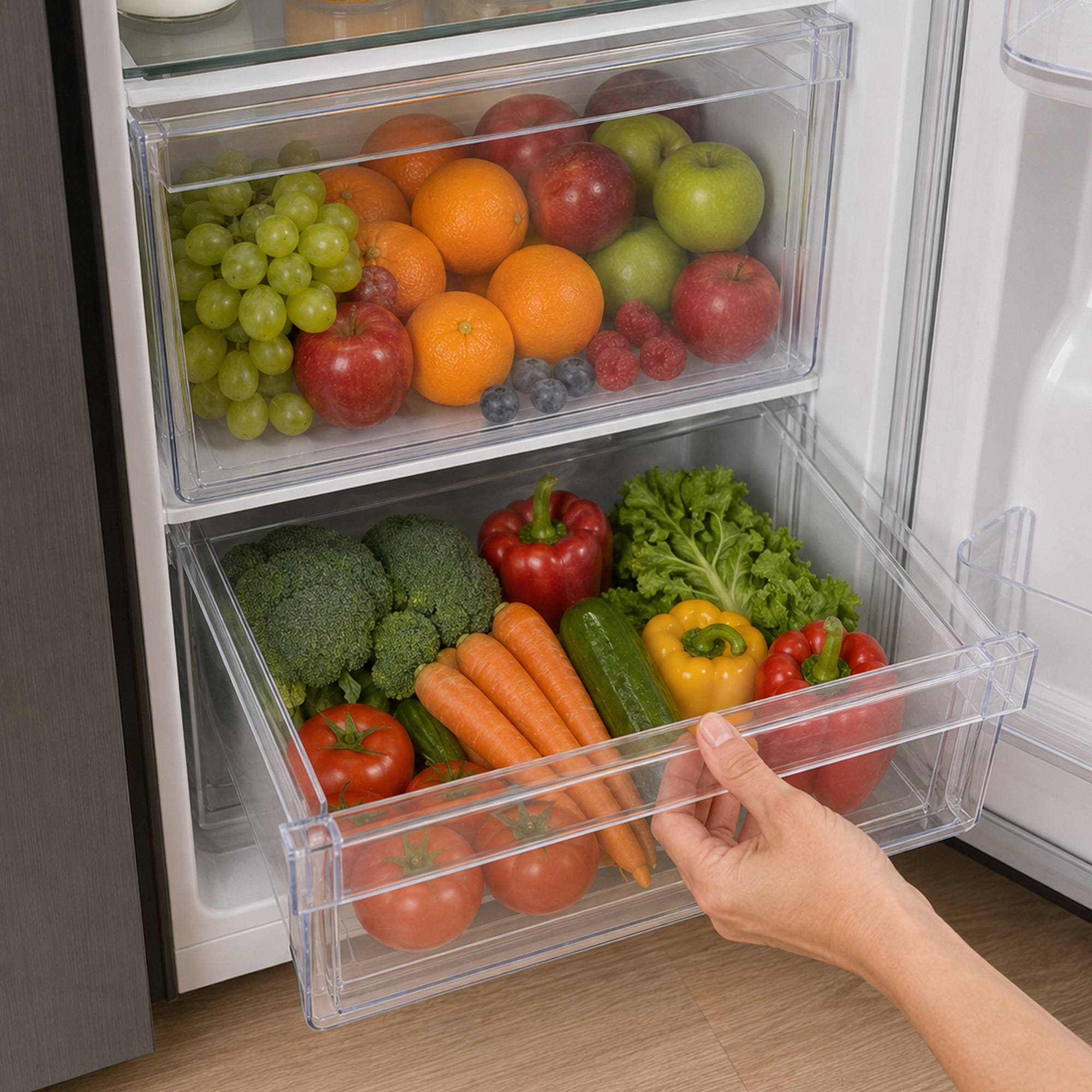 A hand opens a refrigerator drawer filled with fresh fruits and vegetables.