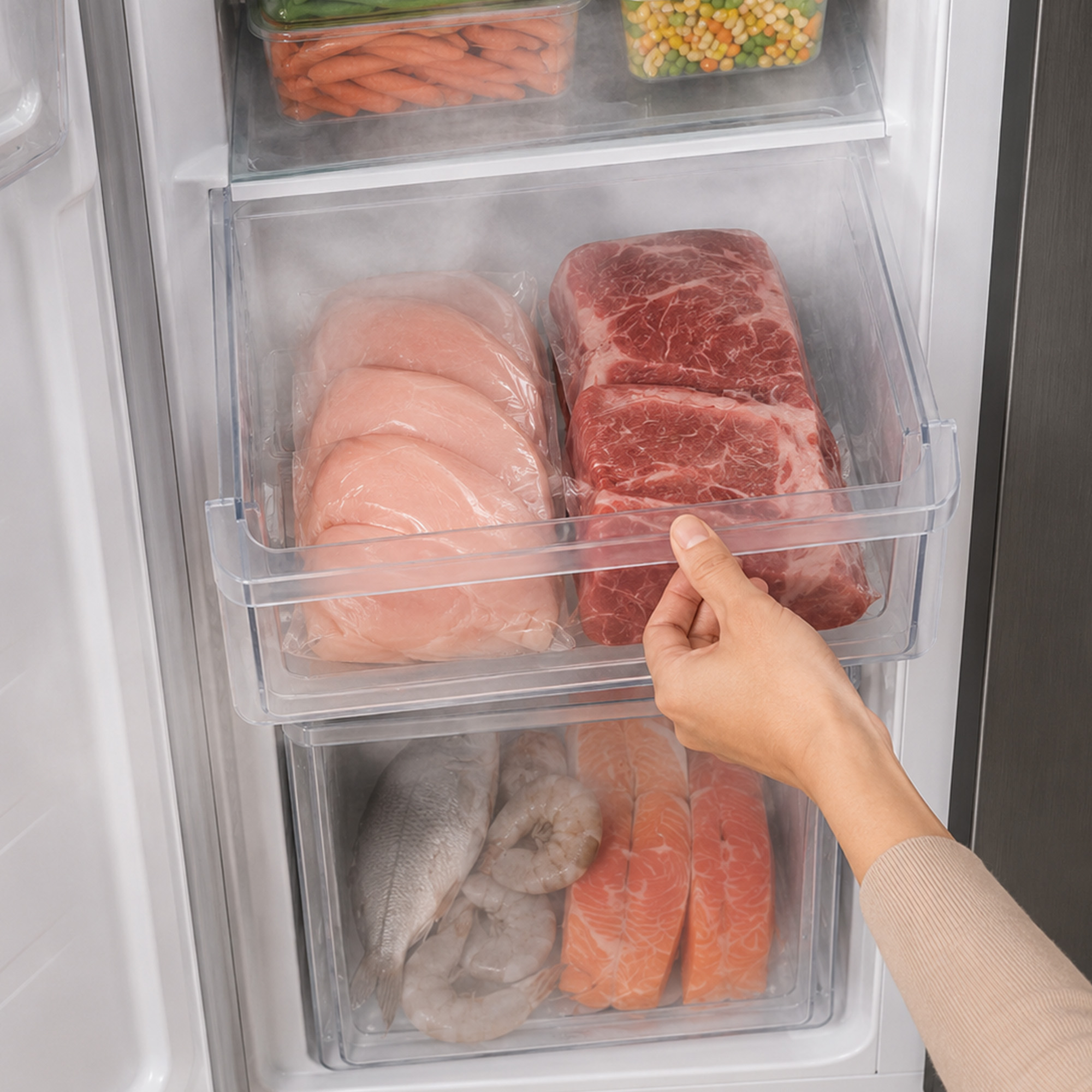 Eine Hand öffnet eine Gefrierschublade mit Hähnchenbrust und rotem Fleisch inmitten von Frost.