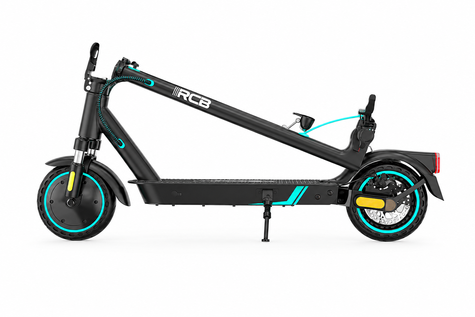 Ein schwarzer RCB-Elektrostehroller mit blauen Akzenten und ausgeklapptem Ständer auf weißem Hintergrund.
