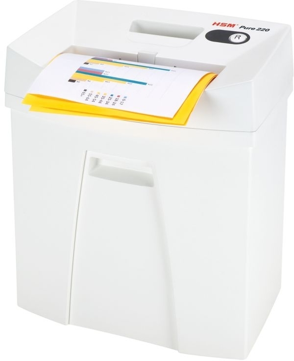 Una trituradora de papel blanca HSM Pure 220 tritura documentos coloridos.