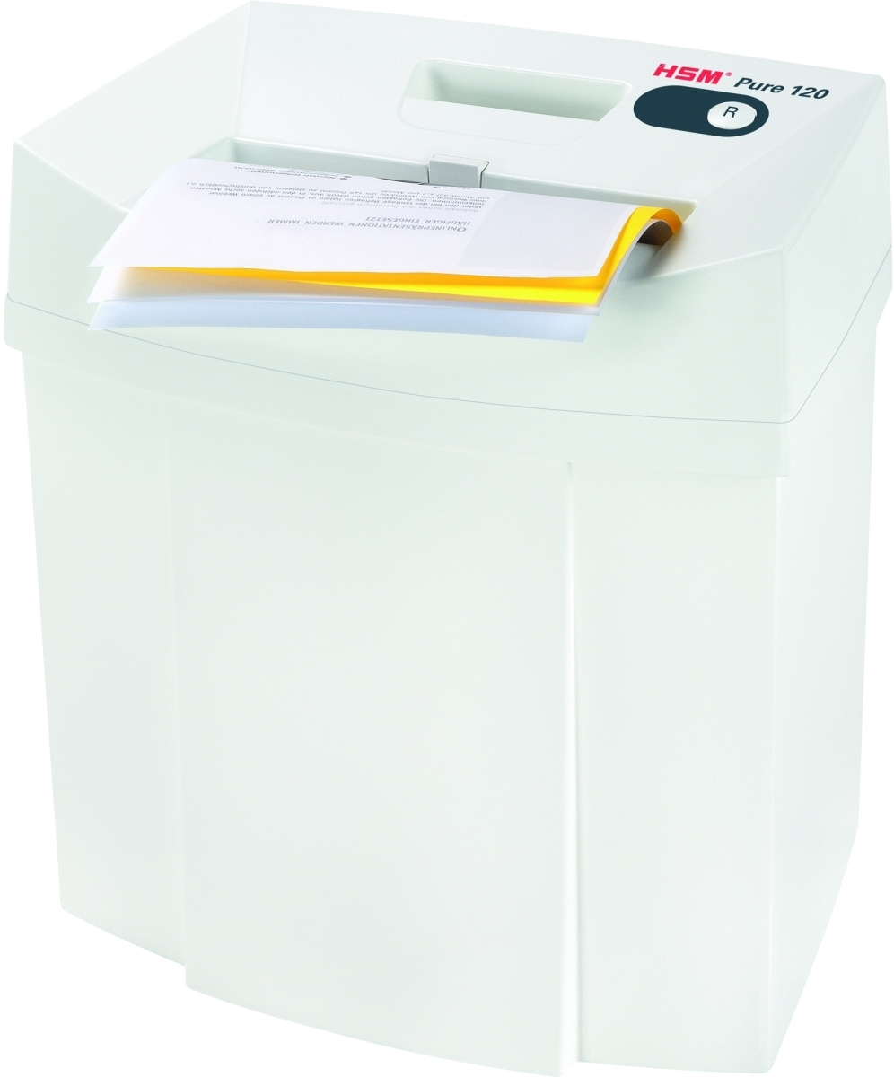 Una trituradora de papel blanca HSM Pure 120 tritura documentos con páginas amarillas y blancas.