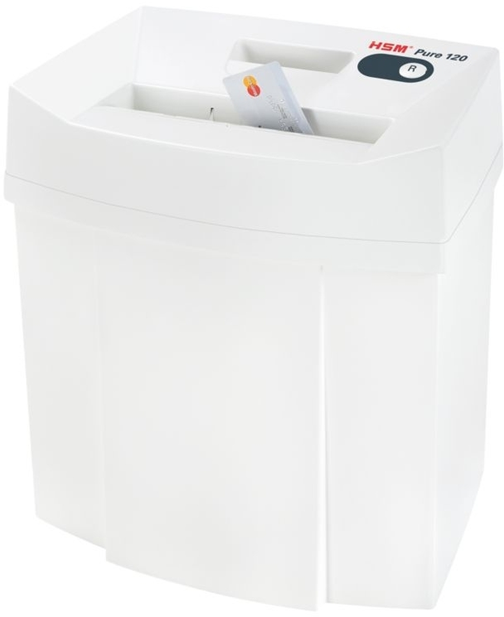 Una trituradora de papel blanca HSM Pure 120 con una tarjeta de crédito en la ranura.